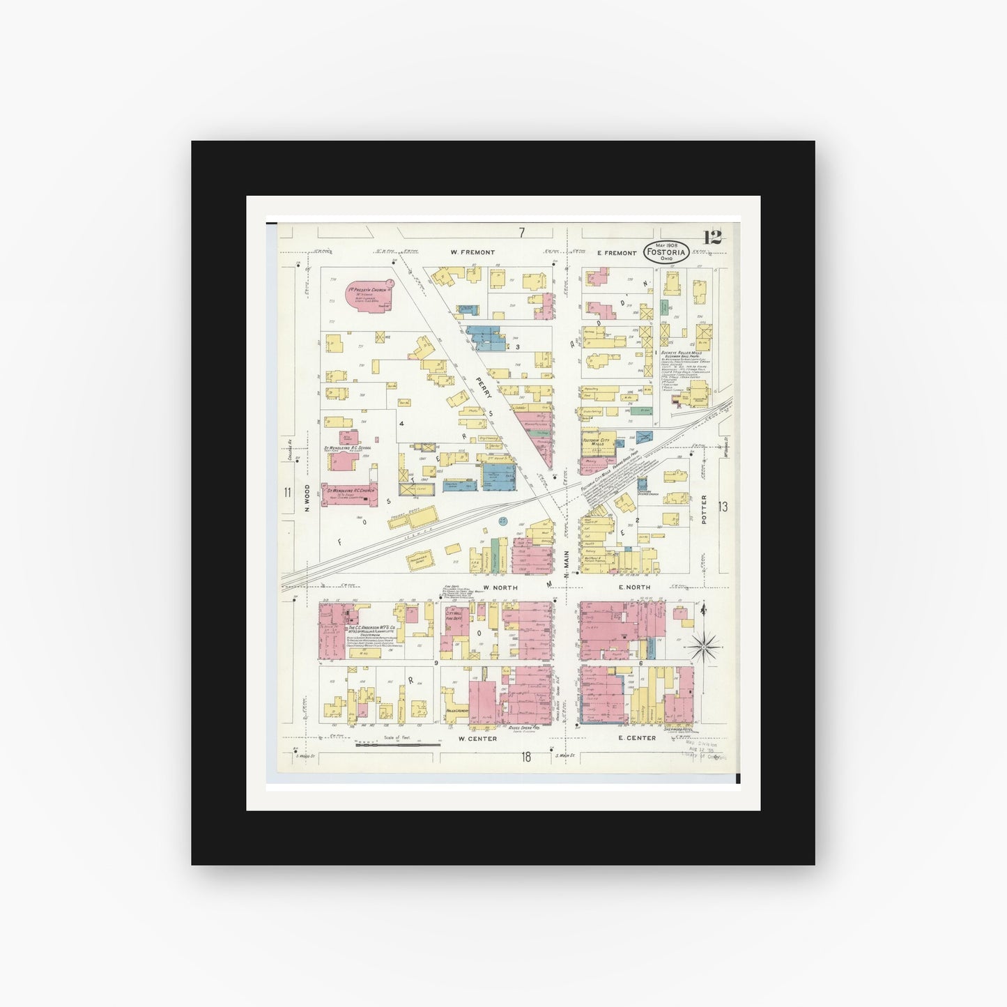 Old map wall art mockup — black gallery frame with white mat — Sanborn Fire Insurance Map from Fostoria, Seneca, Hancock, And Wood Counties, Ohio (1908), Sheet #0012