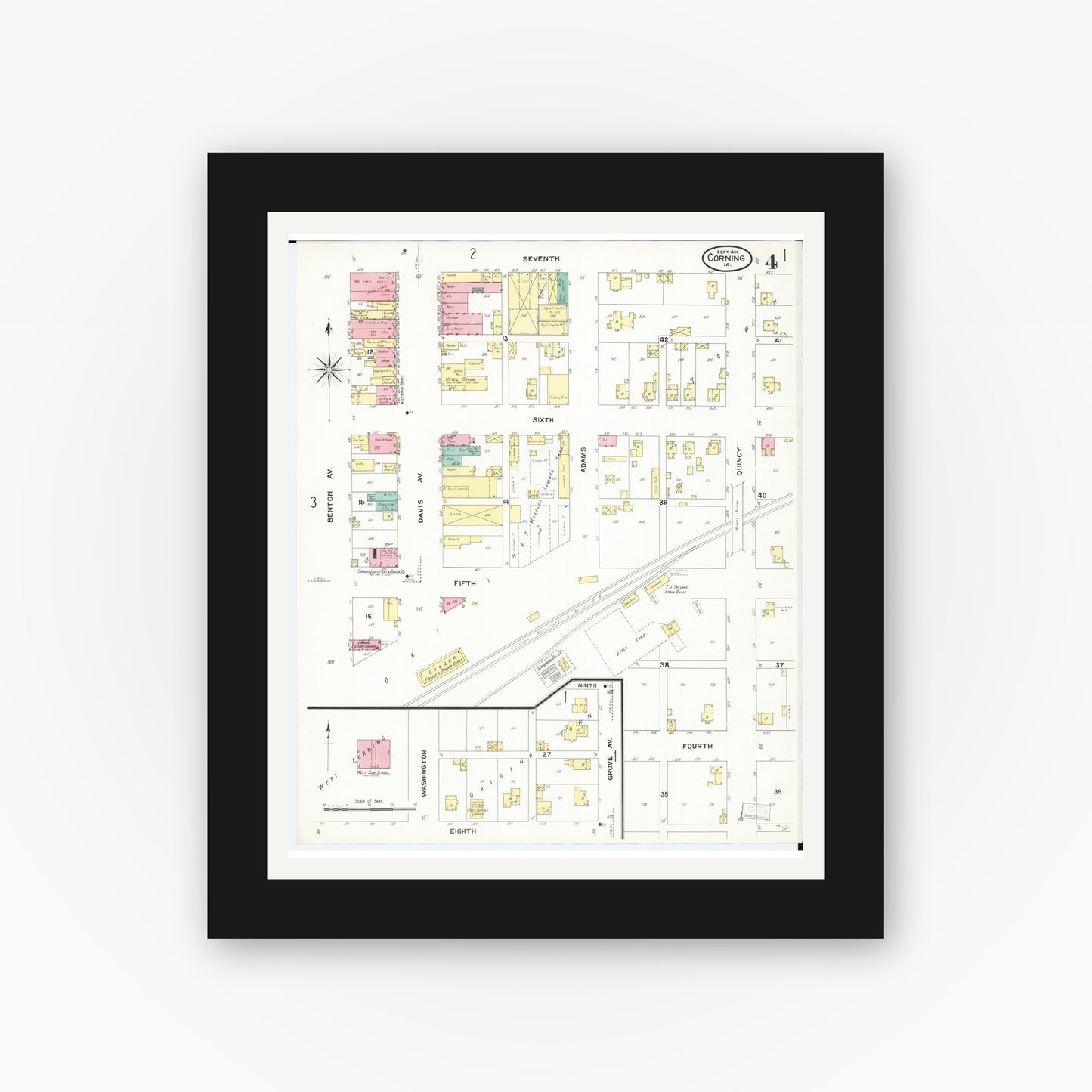 Old map wall art mockup — black gallery frame with white mat — Sanborn Fire Insurance Map from Corning, Adams County, Iowa (1907), Sheet #0004