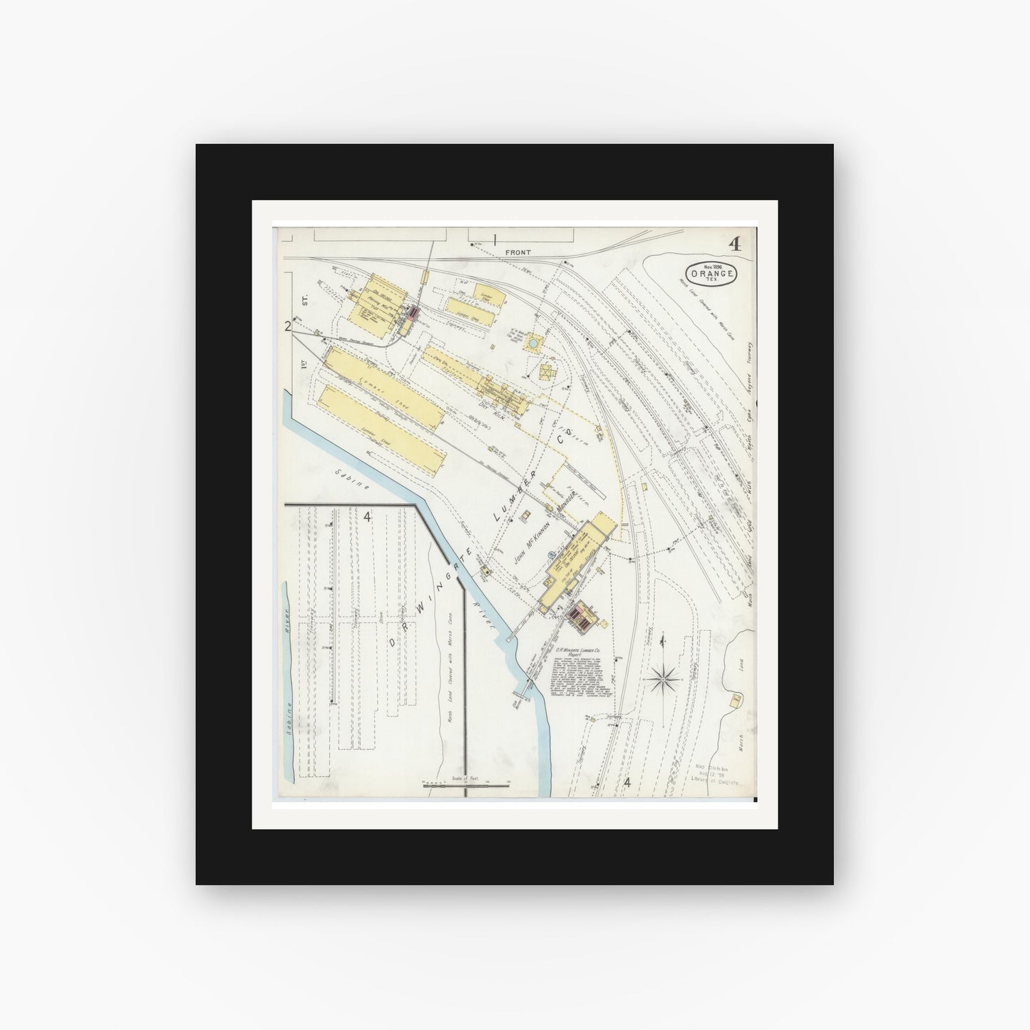 Old map wall art mockup — black gallery frame with white mat — Sanborn Fire Insurance Map from Orange, Orange County, Texas (1896), Sheet #0004
