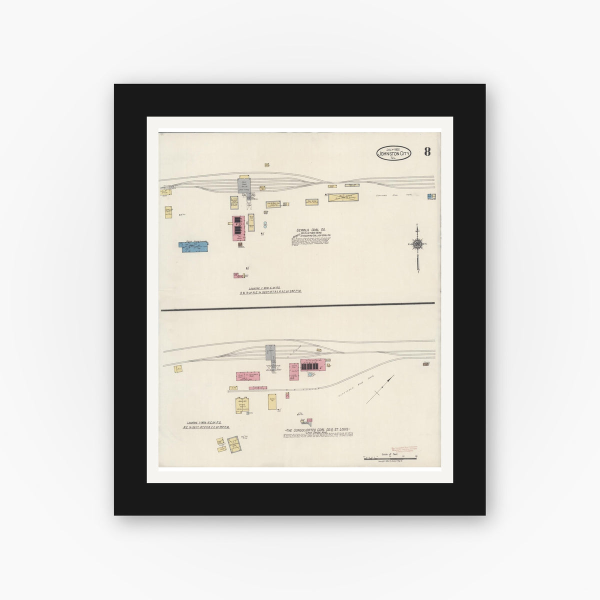 Old map wall art mockup — black gallery frame with white mat — Sanborn Fire Insurance Map from Johnston City, Williamson County, Illinois (1922), Sheet #0008