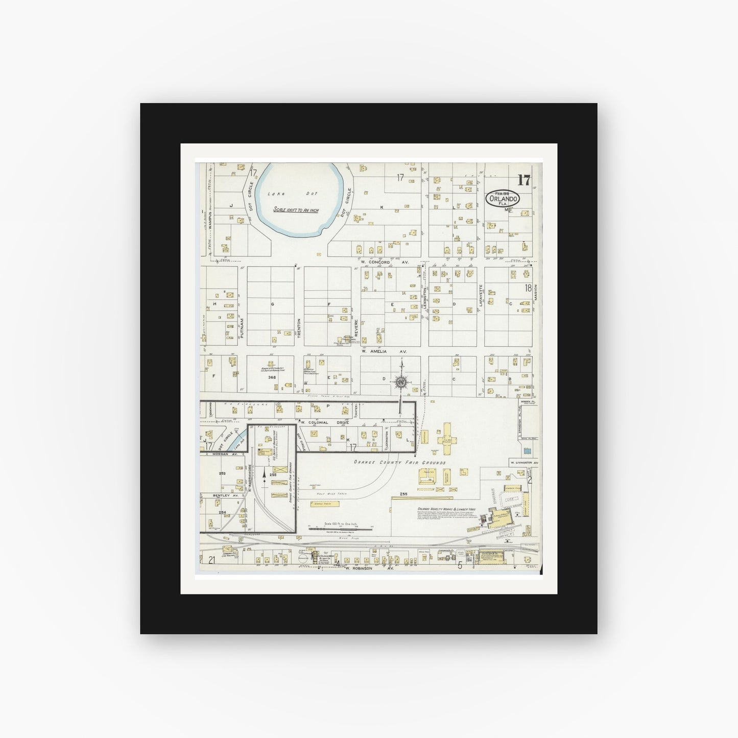 Old map wall art mockup — black gallery frame with white mat — Sanborn Fire Insurance Map from Orlando, Orange County, Florida (1919), Sheet #0017