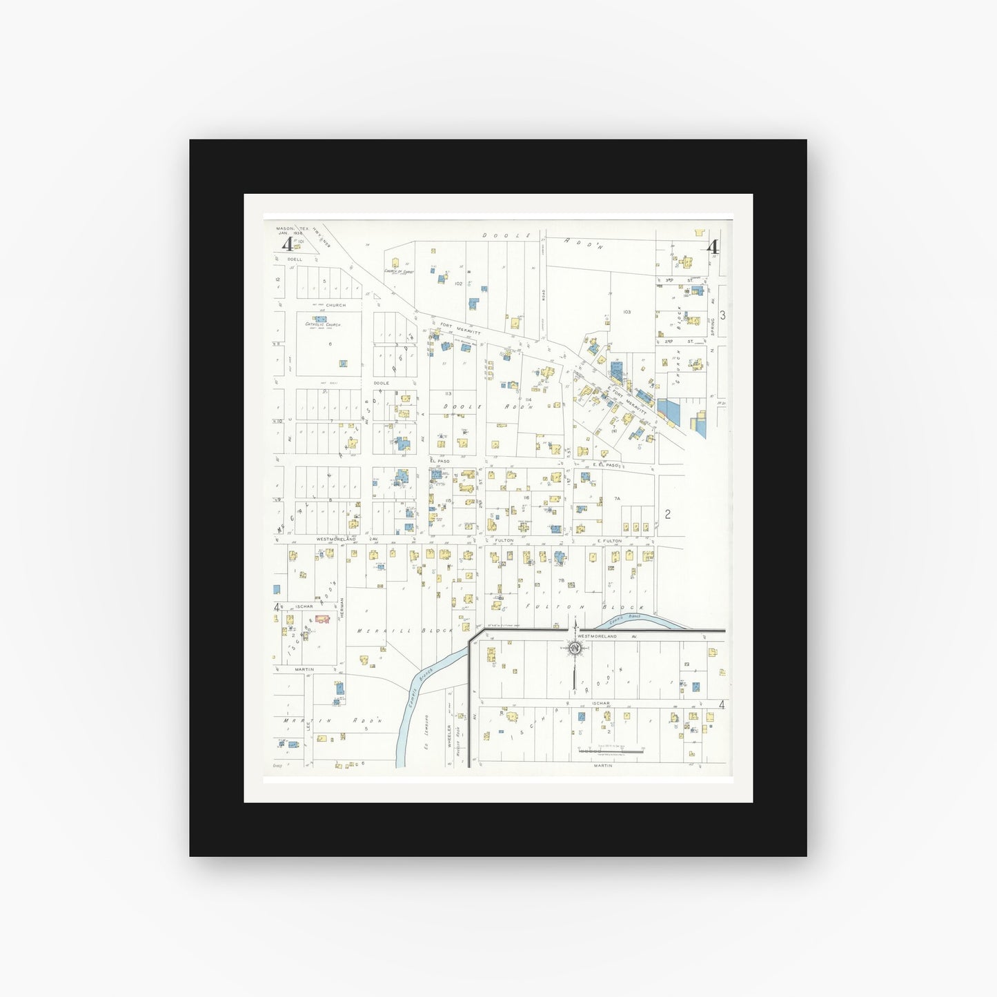 Old map wall art mockup — black gallery frame with white mat — Sanborn Fire Insurance Map from Mason, Mason County, Texas (1936), Sheet #0004
