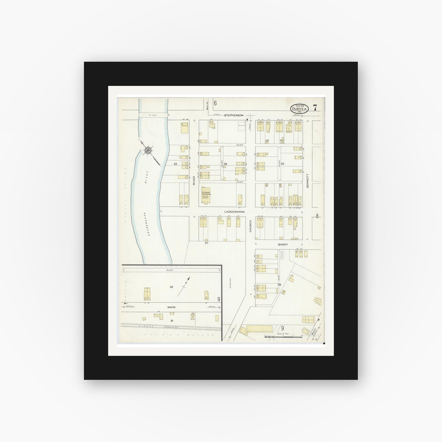 Old map wall art mockup — black gallery frame with white mat — Sanborn Fire Insurance Map from Duryea, Luzerne County, Pennsylvania (1914), Sheet #0007