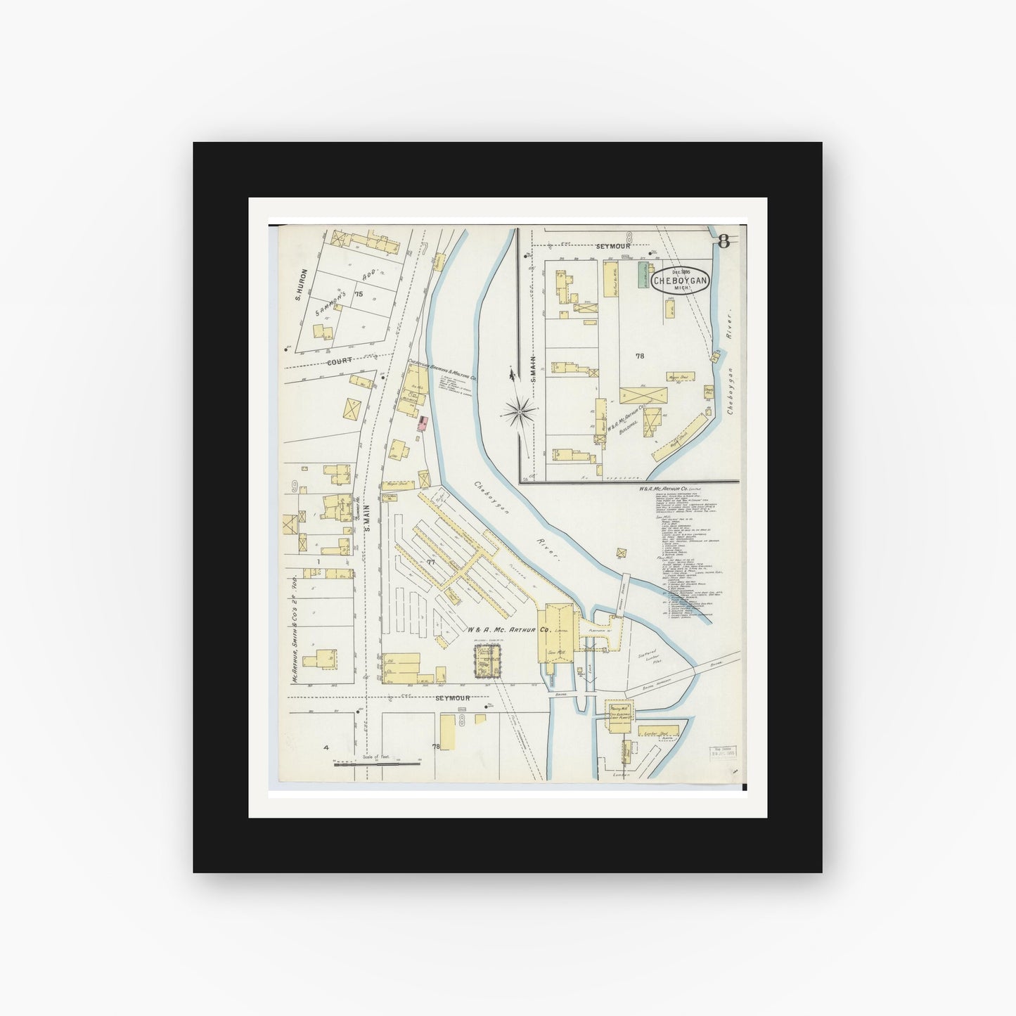 Old map wall art mockup — black gallery frame with white mat — Sanborn Fire Insurance Map from Cheboygan, Cheboygan County, Michigan (1895), Sheet #0008