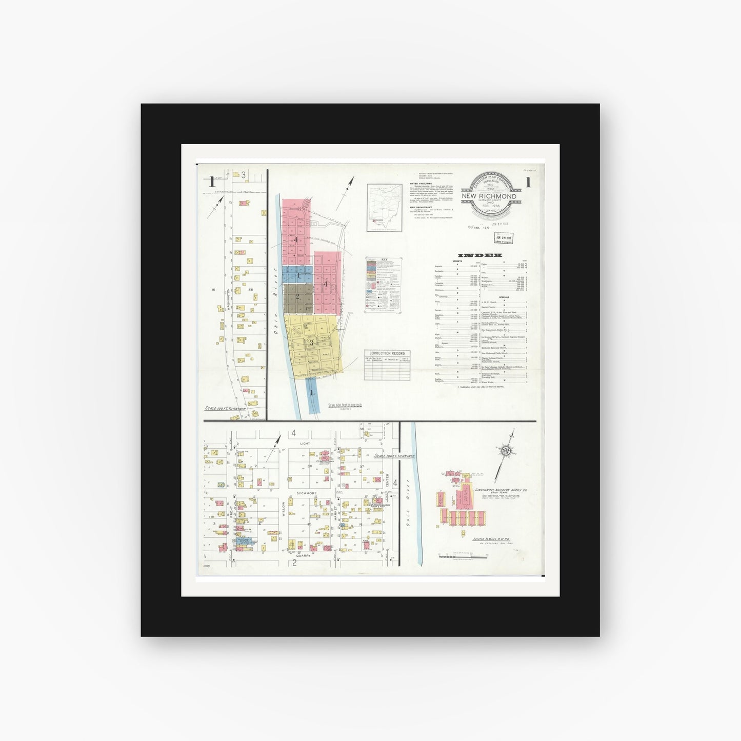 Old map wall art mockup — black gallery frame with white mat — Sanborn Fire Insurance Map from New Richmond, Clermont County, Ohio (1933) - Complete Map Set