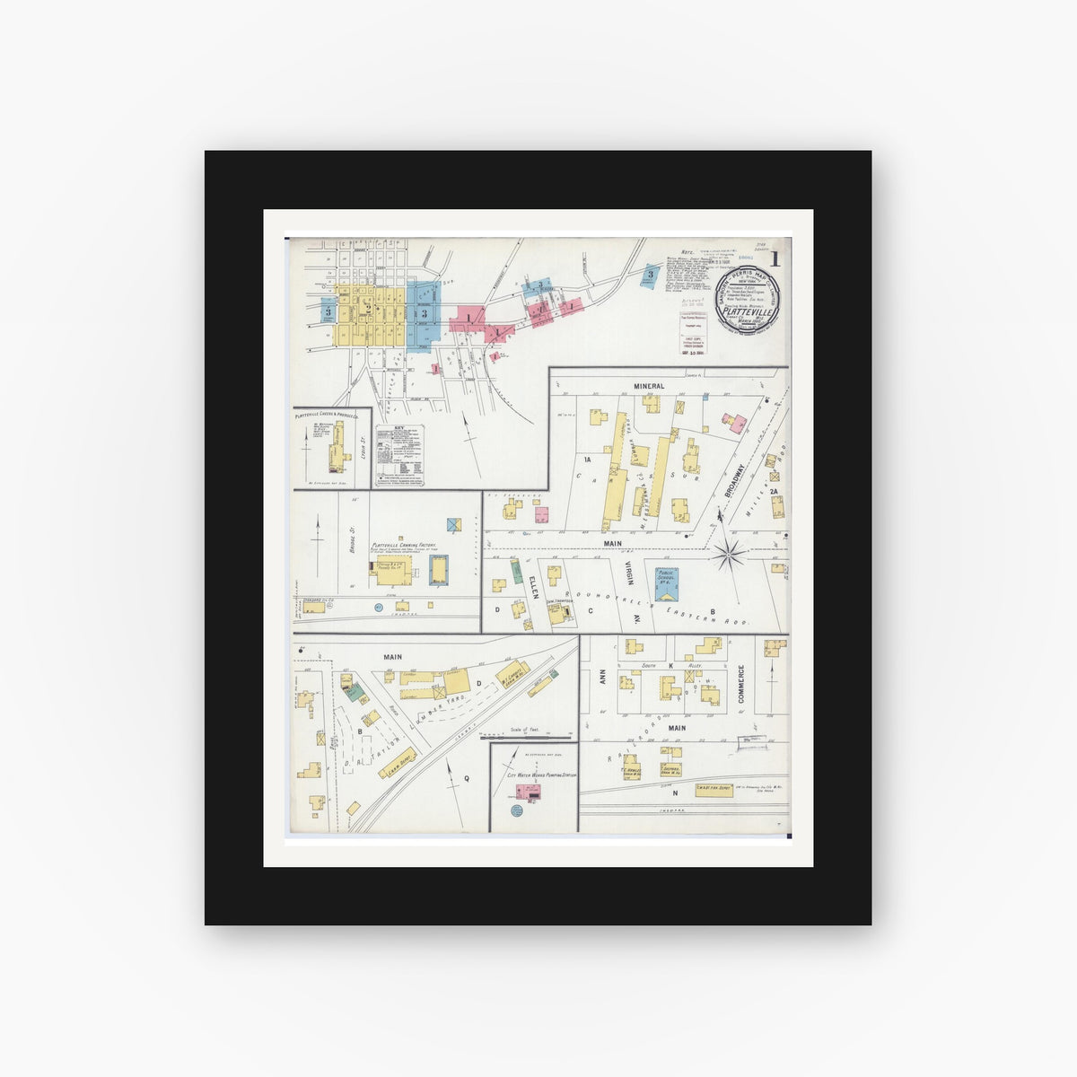 Old map wall art mockup — black gallery frame with white mat — Sanborn Fire Insurance Map from Platteville, Grant County, Wisconsin (1900) - Complete Map Set