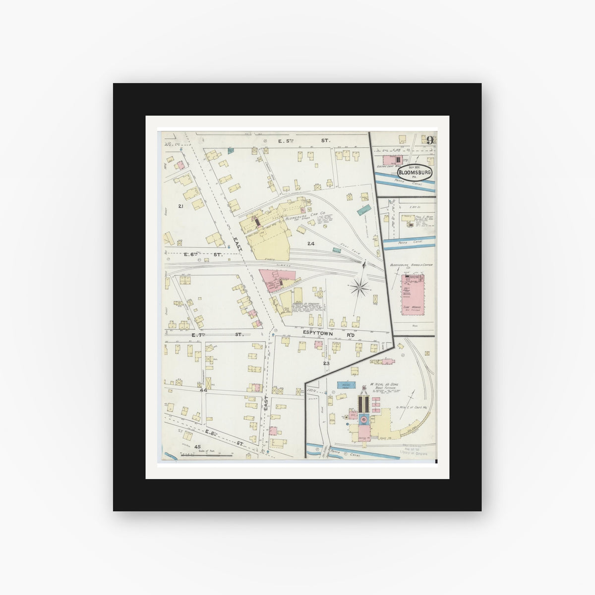 Old map wall art mockup β black gallery frame with white mat β Sanborn Fire Insurance Map from Bloomsburg, Columbia County, Pennsylvania (1891), Sheet #0009