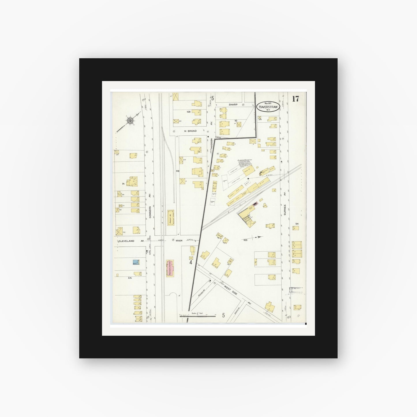 Old map wall art mockup — black gallery frame with white mat — Sanborn Fire Insurance Map from Haverstraw, Rockland County, New York (1910), Sheet #0017