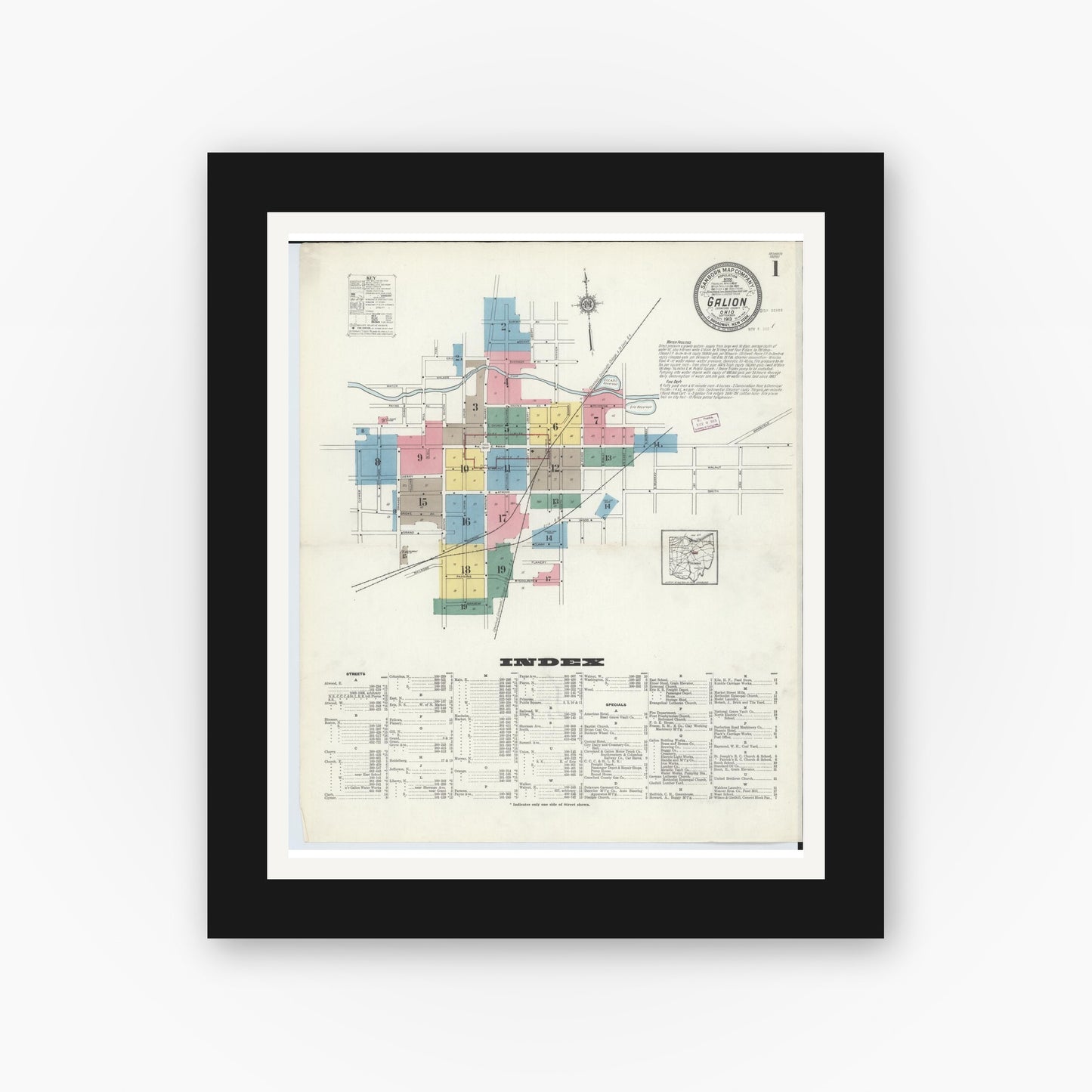 Old map wall art mockup — black gallery frame with white mat — Sanborn Fire Insurance Map from Galion, Crawford County, Ohio (1913) - Complete Map Set