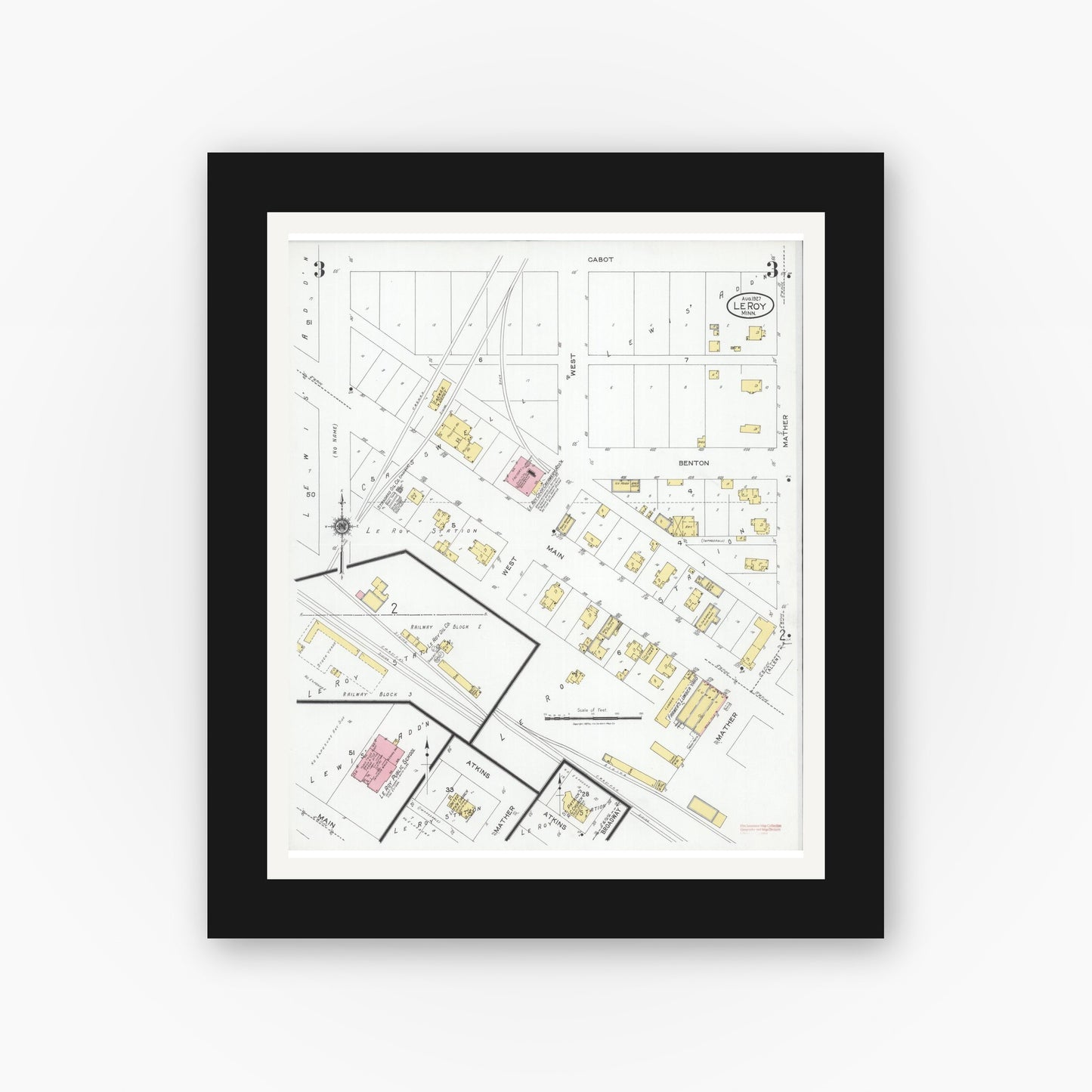 Old map wall art mockup — black gallery frame with white mat — Sanborn Fire Insurance Map from Le Roy, Mower County, Minnesota (1927), Sheet #0003