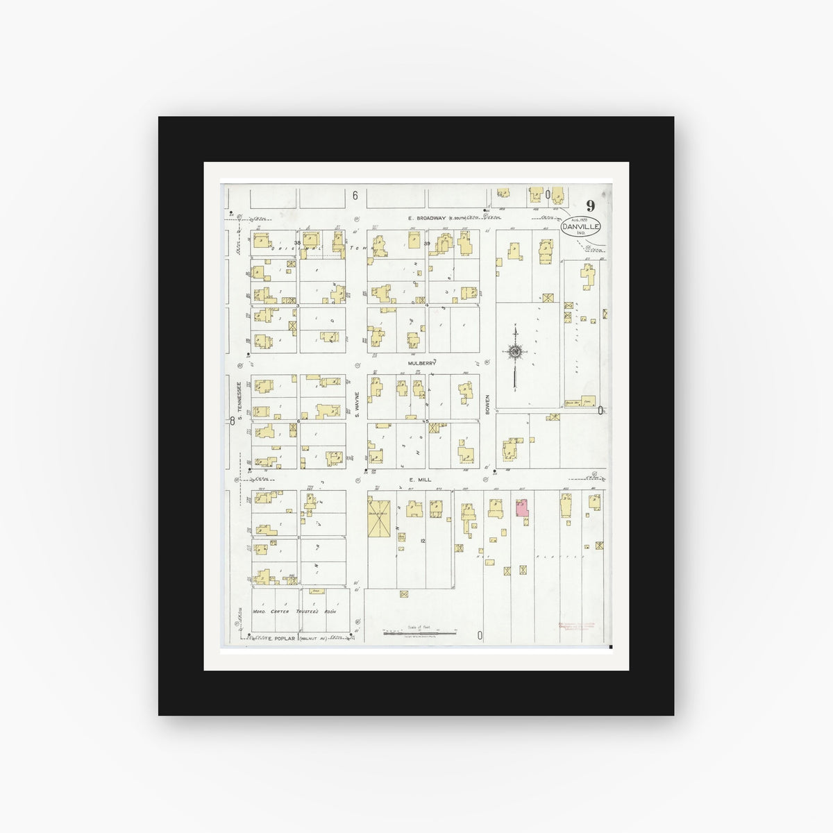 Old map wall art mockup — black gallery frame with white mat — Sanborn Fire Insurance Map from Danville, Hendricks County, Indiana (1920), Sheet #0009