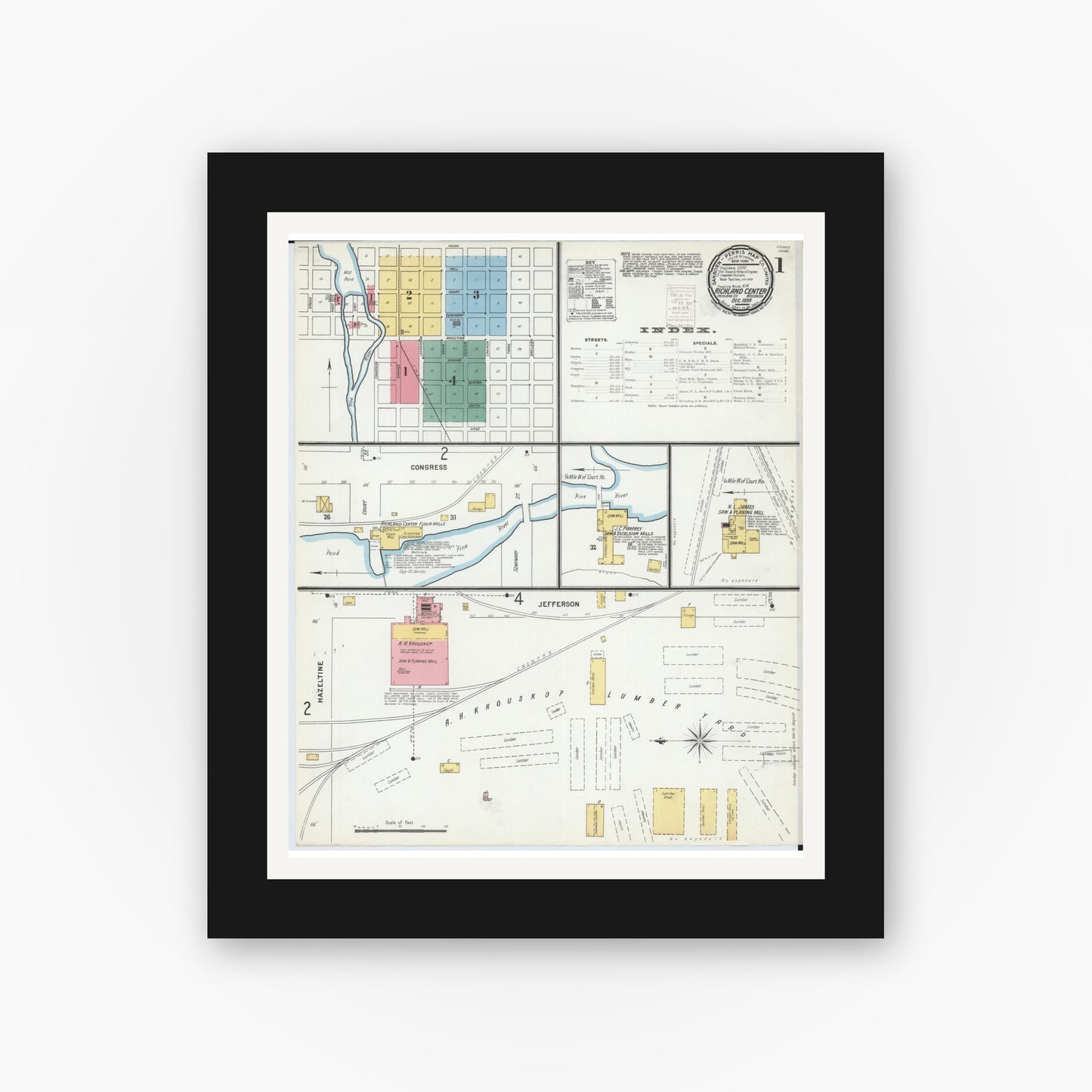 Old map wall art mockup — black gallery frame with white mat — Sanborn Fire Insurance Map from Richland Center, Richland County, Wisconsin (1899), Sheet #0001