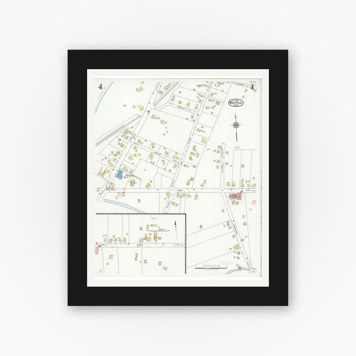 Old map wall art mockup — black gallery frame with white mat — Sanborn Fire Insurance Map from Walpole, Norfolk County, Massachusetts (1927), Sheet #0004