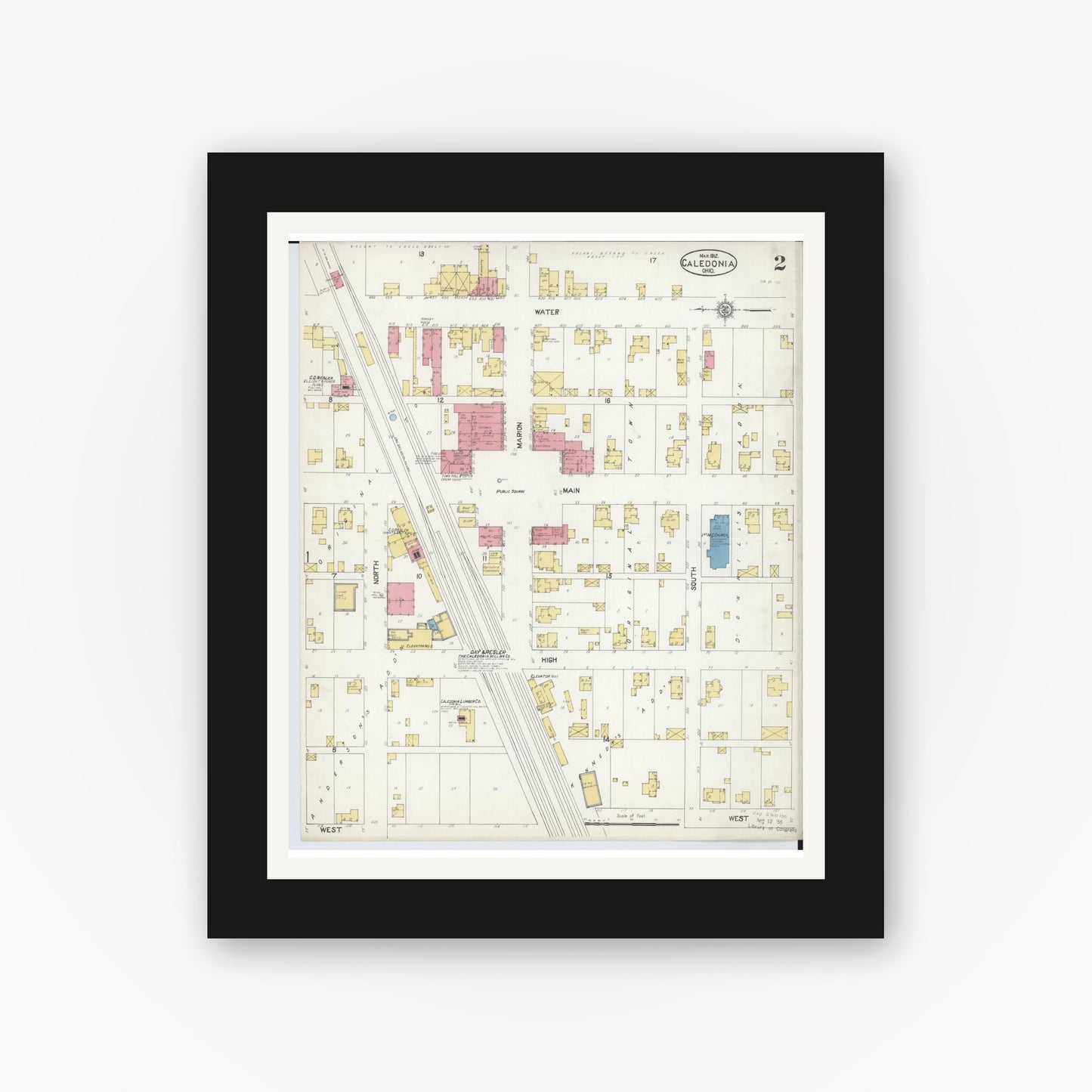 Old map wall art mockup — black gallery frame with white mat — Sanborn Fire Insurance Map from Caledonia, Marion County, Ohio (1912), Sheet #0002