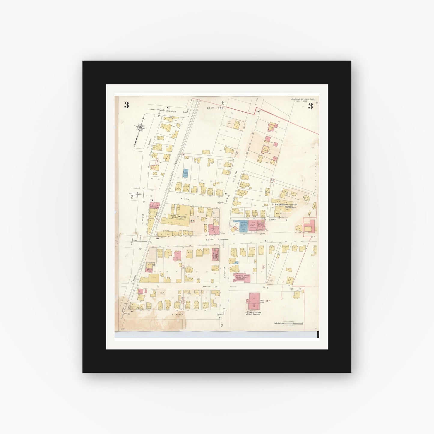 Old map wall art mockup — black gallery frame with white mat — Sanborn Fire Insurance Map from Newcomerstown, Tuscarawas County, Ohio (1933), Sheet #0003