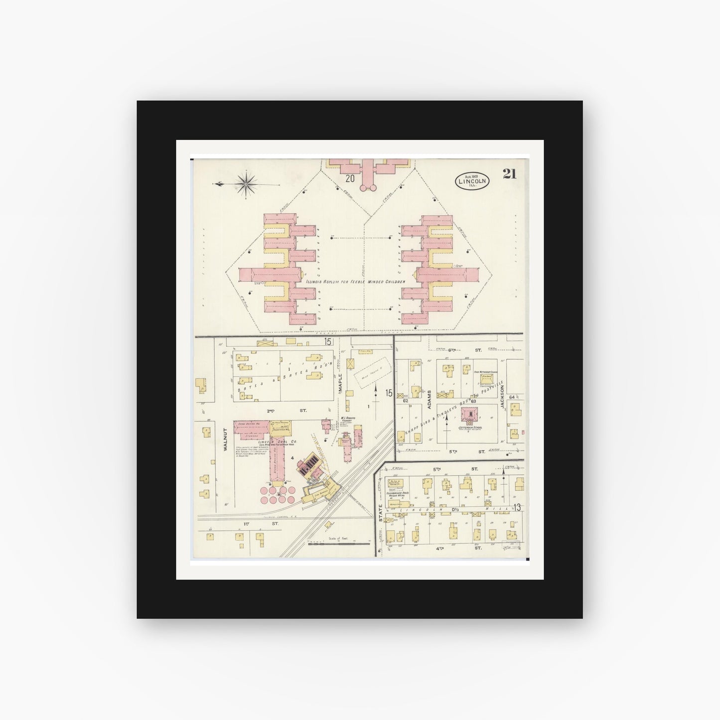 Old map wall art mockup — black gallery frame with white mat — Sanborn Fire Insurance Map from Lincoln, Logan County, Illinois (1909), Sheet #0021