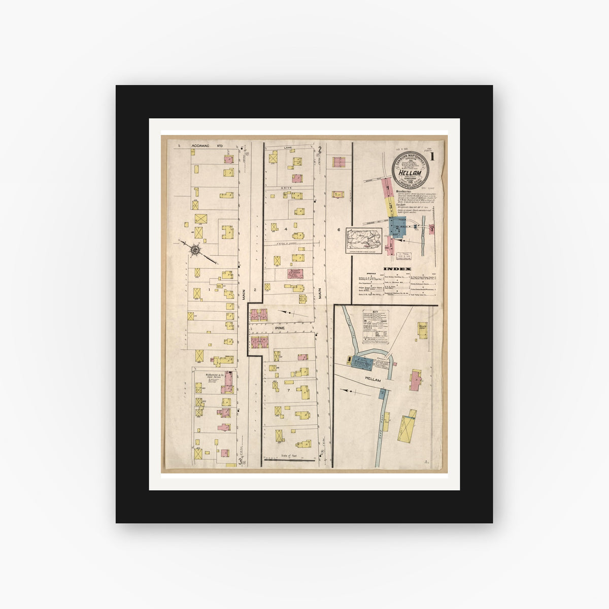 Old map wall art mockup — black gallery frame with white mat — Sanborn Fire Insurance Map from Hellam, York County, Pennsylvania (1913), Sheet #0001