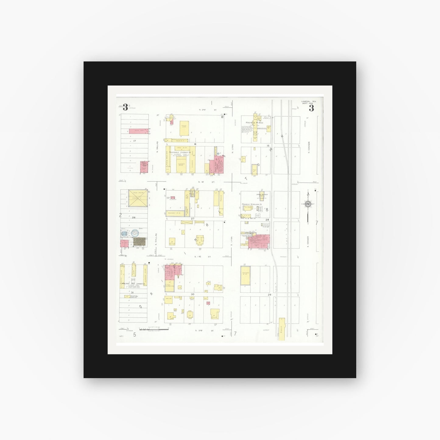 Old map wall art mockup — black gallery frame with white mat — Sanborn Fire Insurance Map from Lamesa, Dawson County, Texas (1932), Sheet #0003
