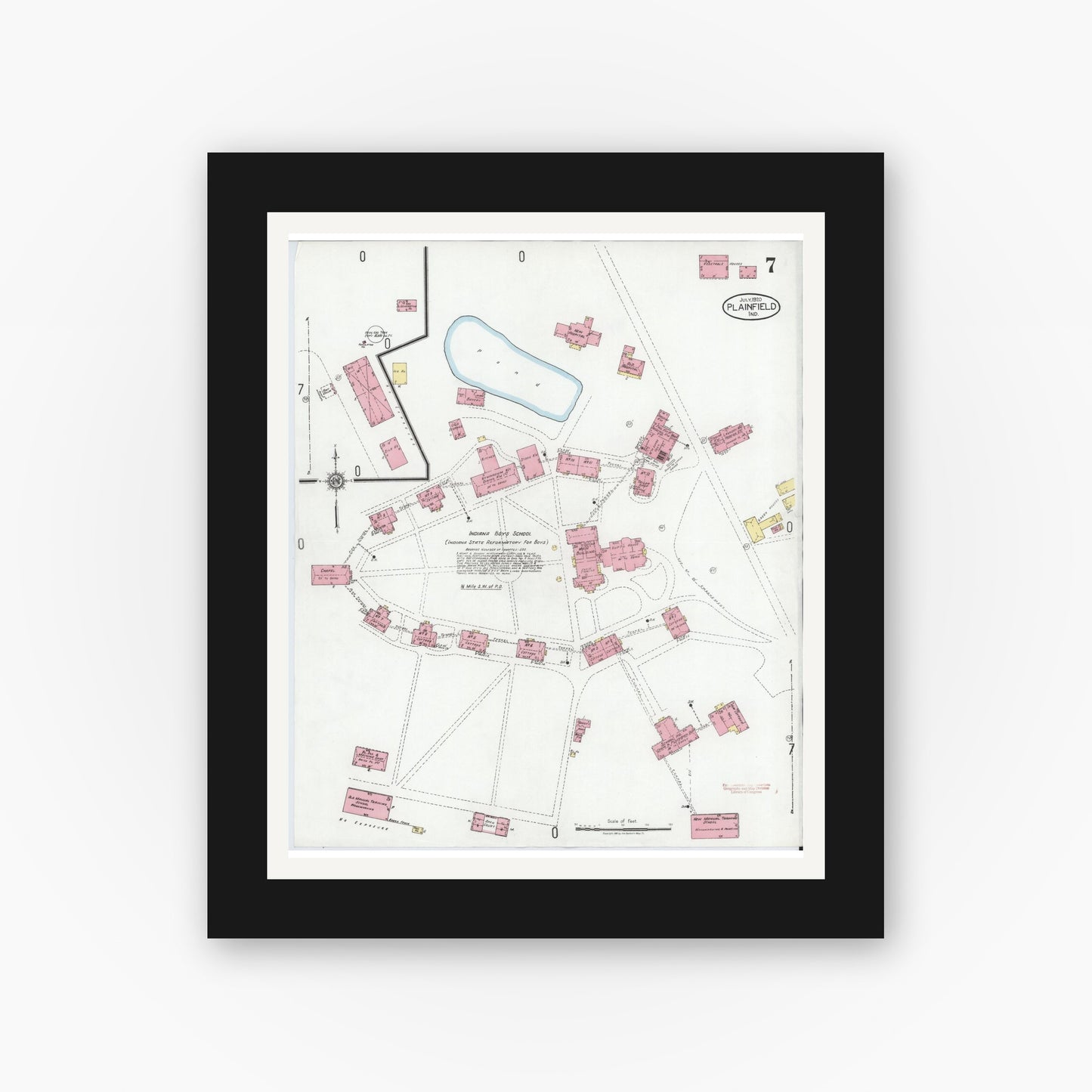 Old map wall art mockup — black gallery frame with white mat — Sanborn Fire Insurance Map from Plainfield, Hendricks County, Indiana (1920), Sheet #0007
