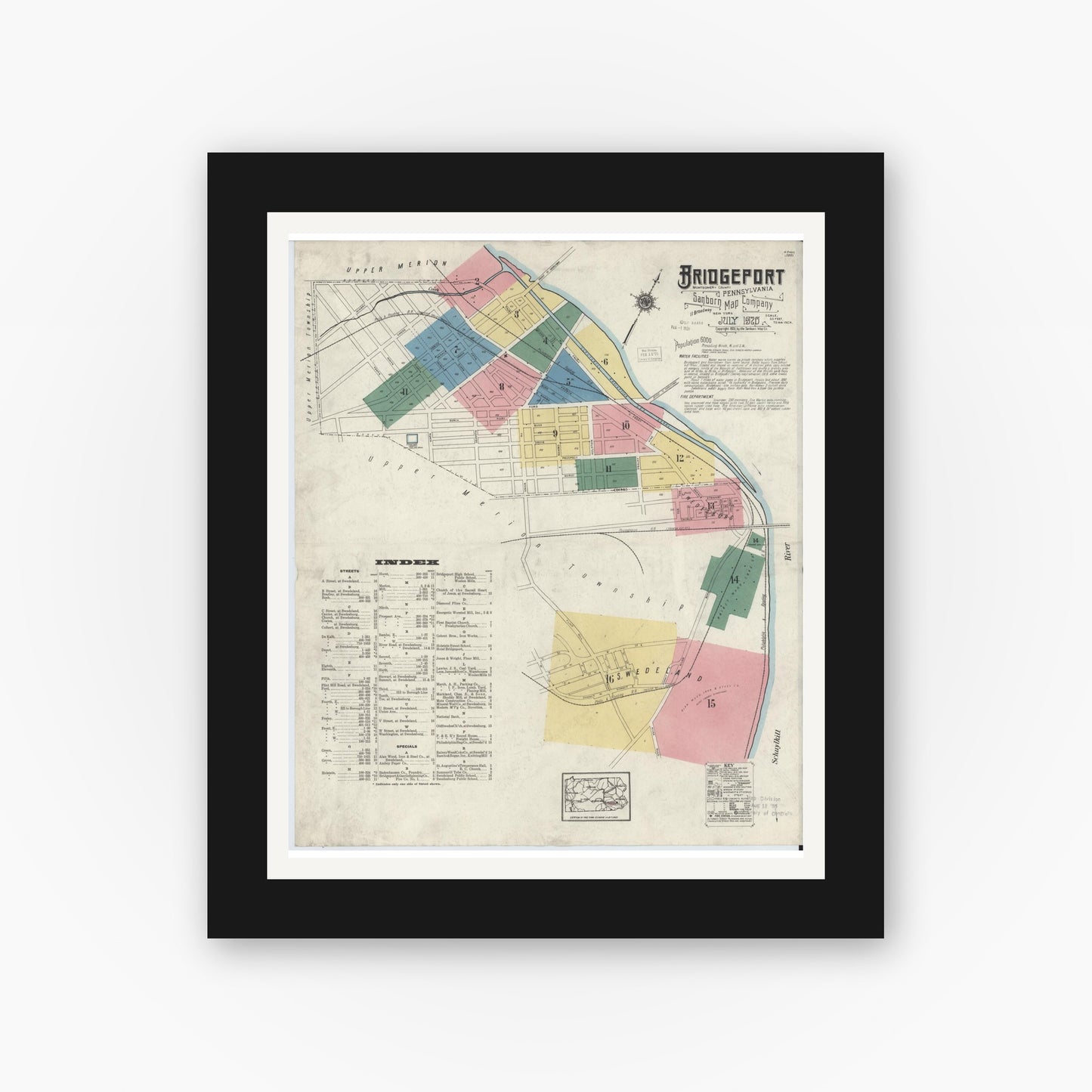 Old map wall art mockup — black gallery frame with white mat — Sanborn Fire Insurance Map from Bridgeport, Montgomery County, Pennsylvania (1920) - Complete Map Set