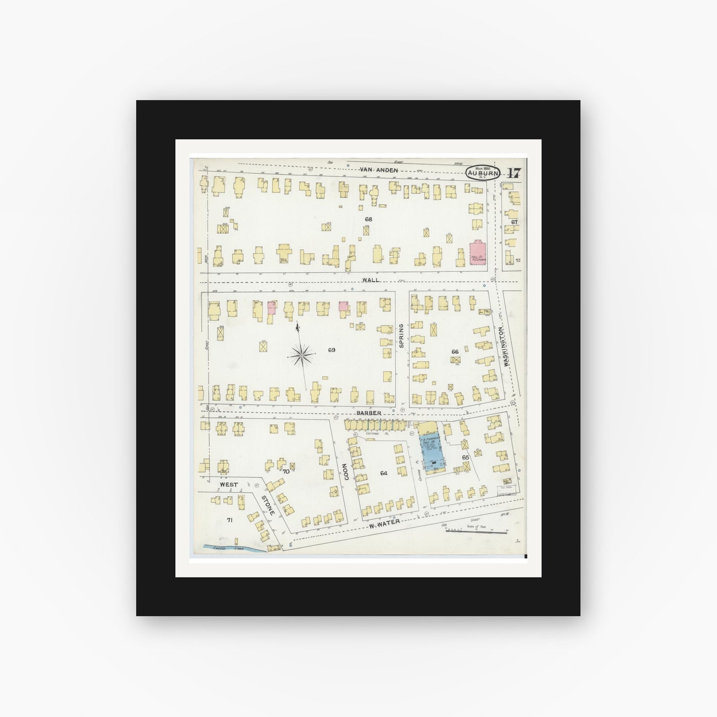 Old map wall art mockup — black gallery frame with white mat — Sanborn Fire Insurance Map from Auburn, Cayuga County, New York (1892), Sheet #0017