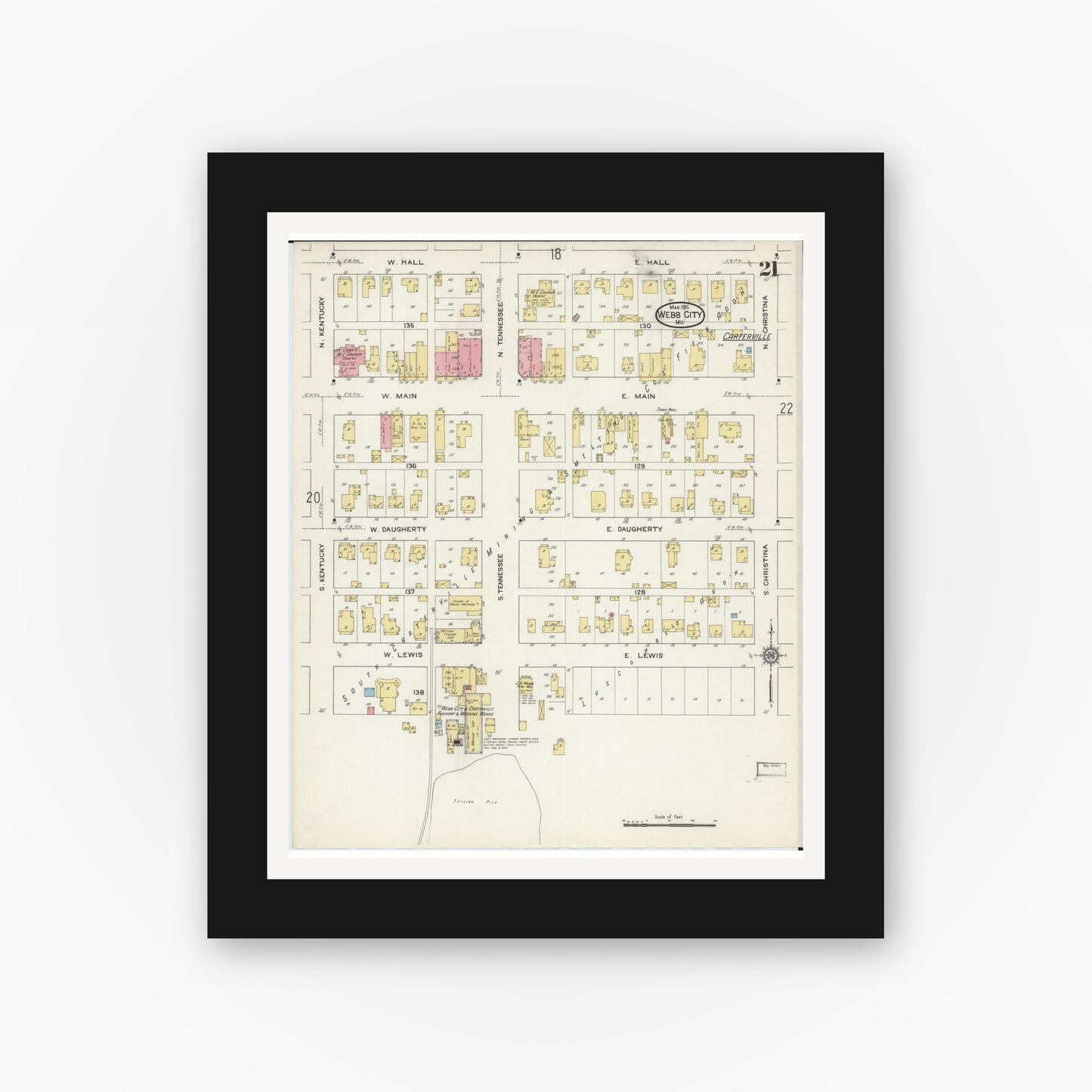 Old map wall art mockup — black gallery frame with white mat — Sanborn Fire Insurance Map from Webb City, Jasper County, Missouri (1915), Sheet #0021