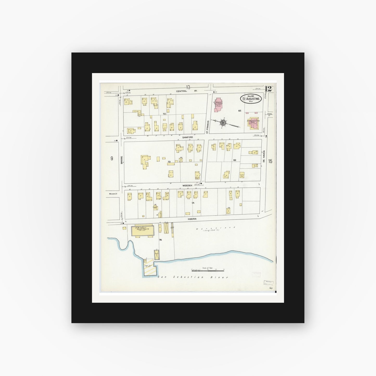 Old map wall art mockup — black gallery frame with white mat — Sanborn Fire Insurance Map from Saint Augustine, Saint John's County, Florida (1910), Sheet #0012