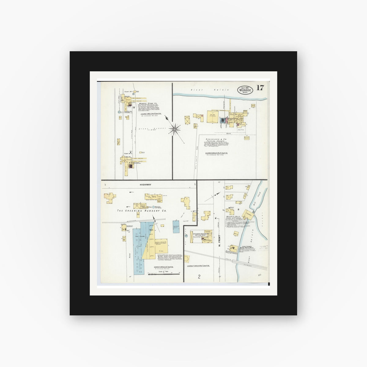Old map wall art mockup — black gallery frame with white mat — Sanborn Fire Insurance Map from Monroe, Monroe County, Michigan (1908), Sheet #0017