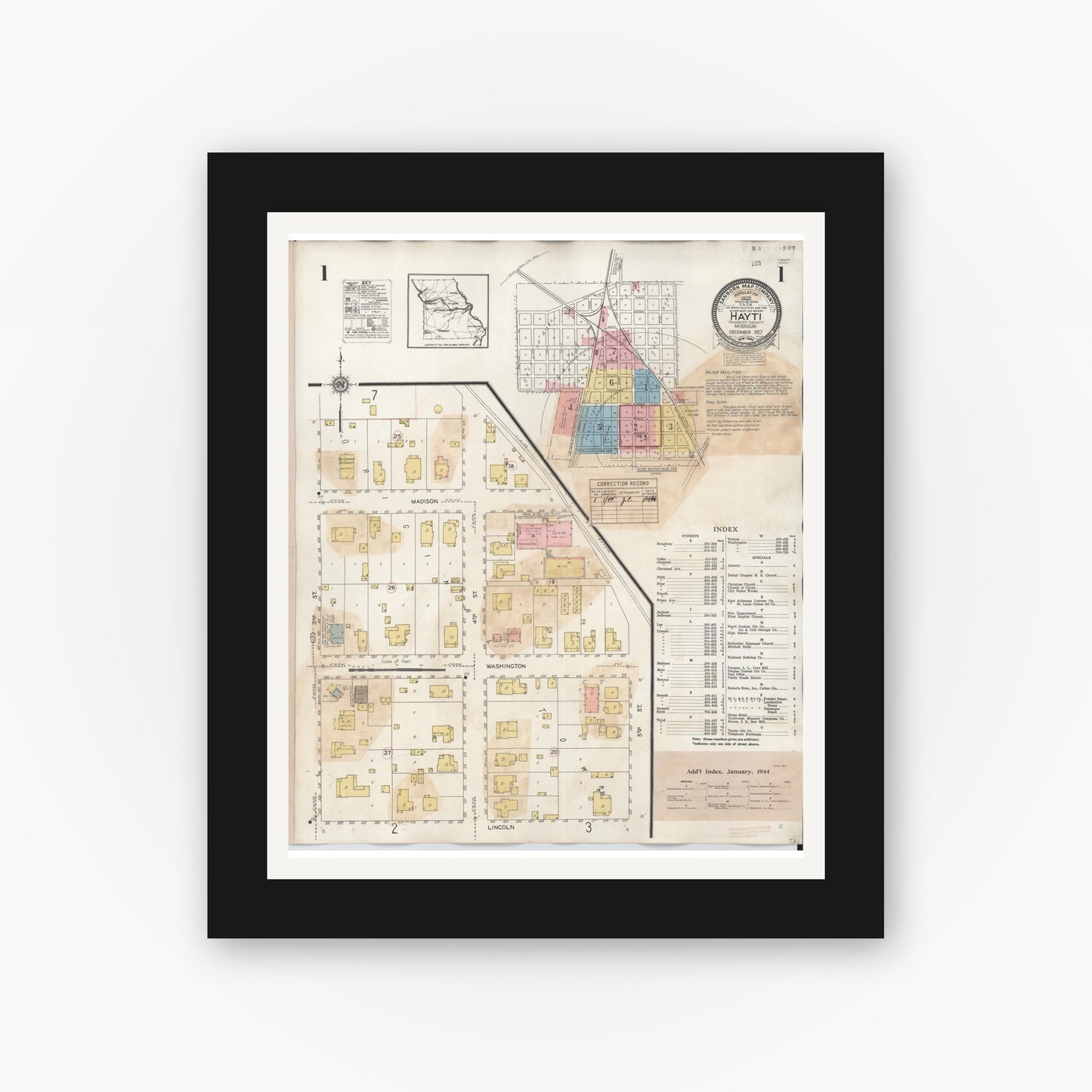 Old map wall art mockup — black gallery frame with white mat — Sanborn Fire Insurance Map from Hayti, Pemiscot County, Missouri (1944) - Complete Map Set