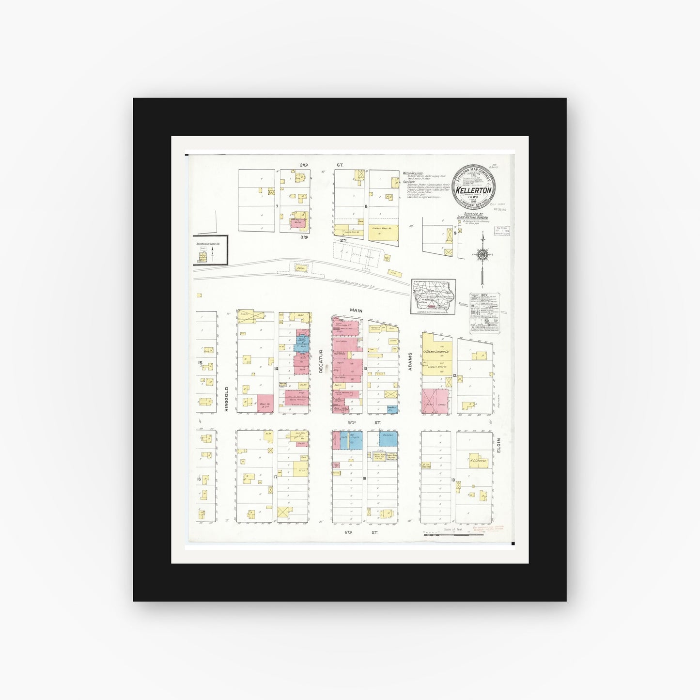 Old map wall art mockup — black gallery frame with white mat — Sanborn Fire Insurance Map from Kellerton, Ringgold County, Iowa (1916), Sheet #0001