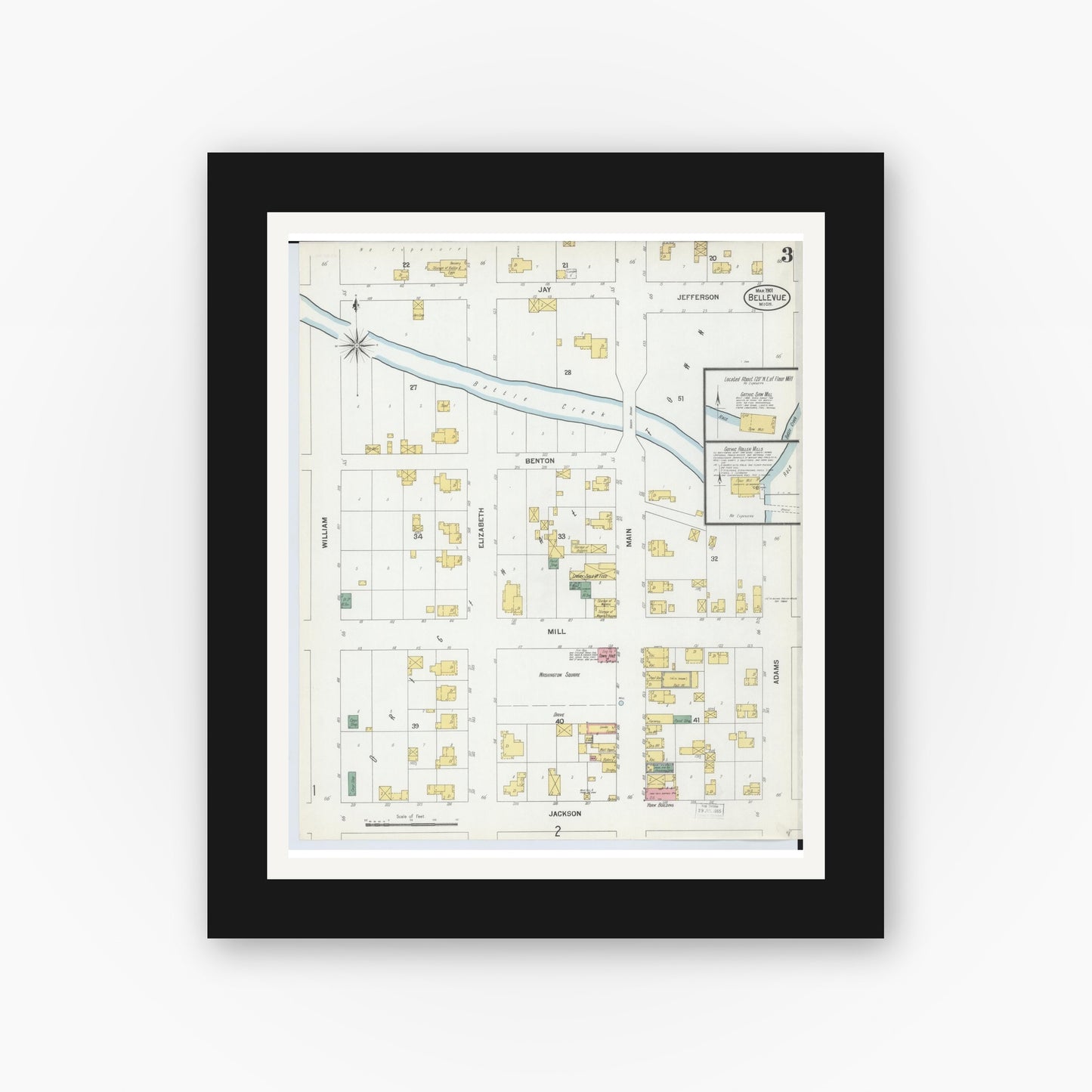 Old map wall art mockup — black gallery frame with white mat — Sanborn Fire Insurance Map from Bellevue, Eaton County, Michigan (1901), Sheet #0003