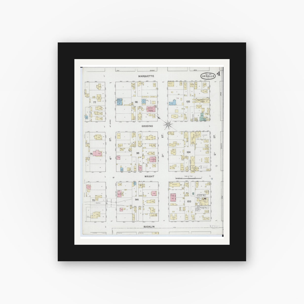 Old map wall art mockup — black gallery frame with white mat — Sanborn Fire Insurance Map from La Salle, La Salle County, Illinois (1888), Sheet #0004