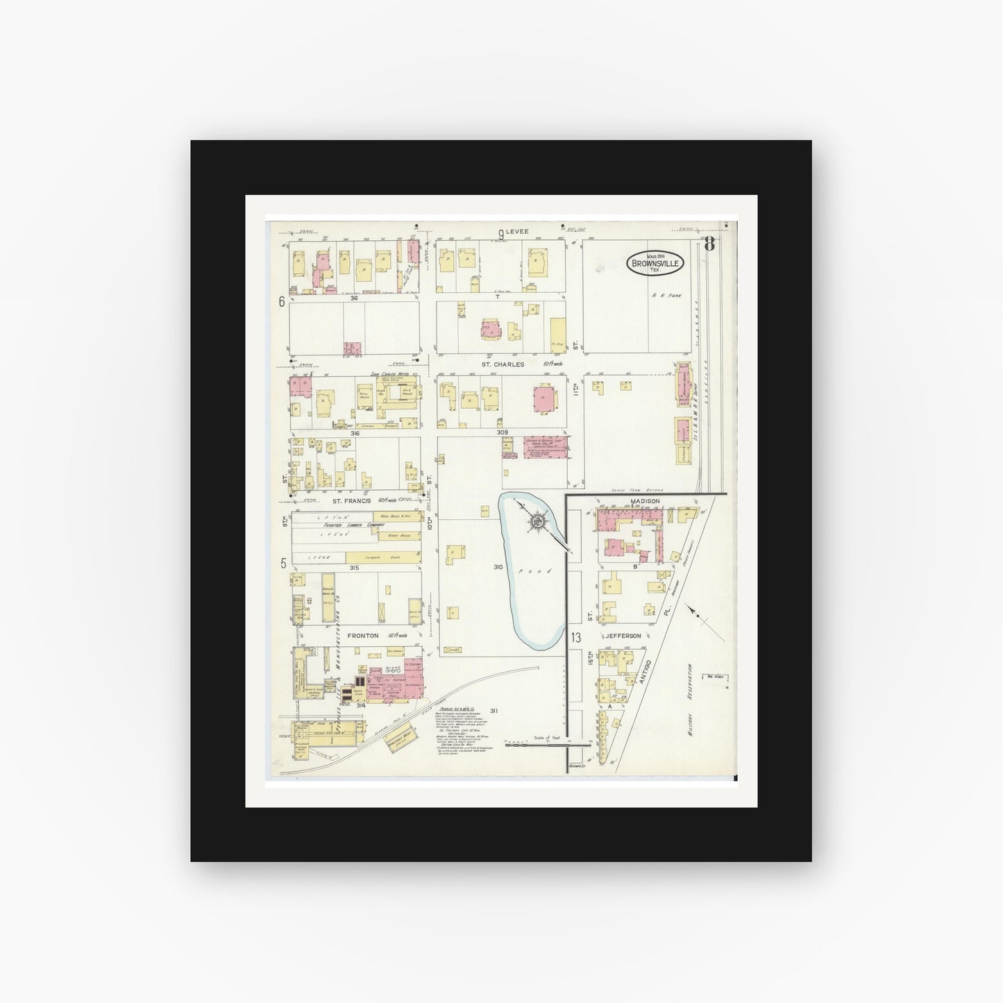 Old map wall art mockup — black gallery frame with white mat — Sanborn Fire Insurance Map from Brownsville, Cameron County, Texas (1914), Sheet #0008