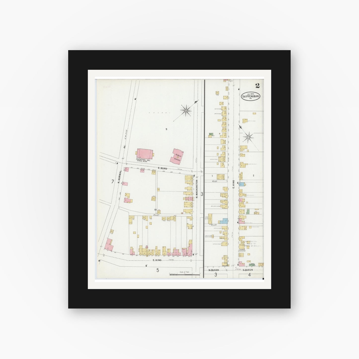 Old map wall art mockup — black gallery frame with white mat — Sanborn Fire Insurance Map from Shippensburg, Cumberland And Franklin Counties, Pennsylvania (1899), Sheet #0002