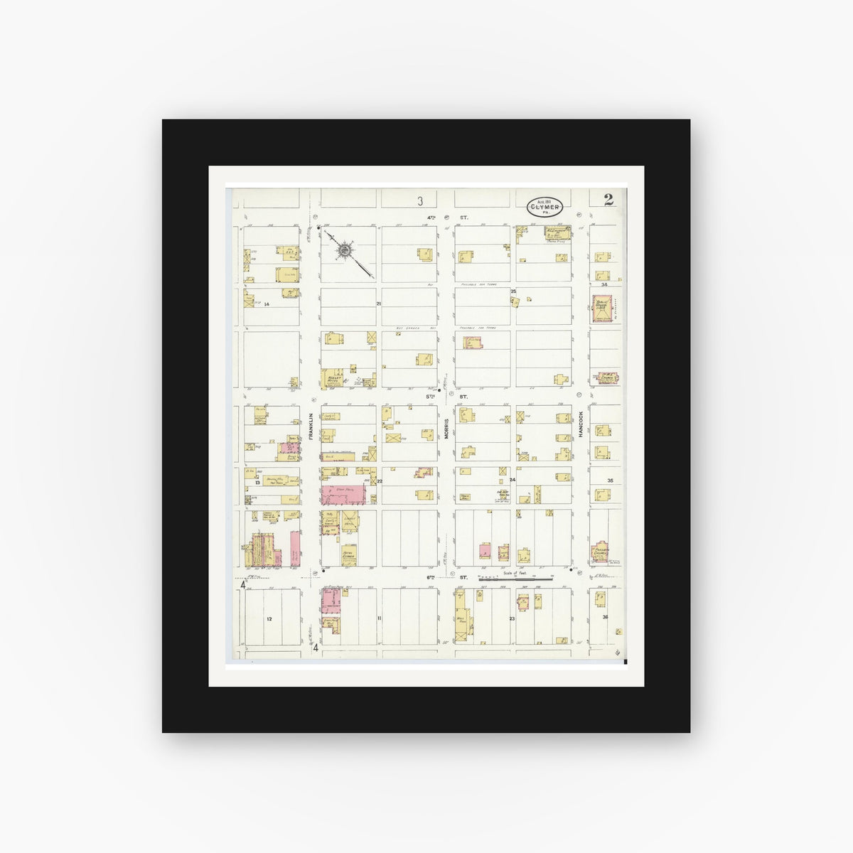 Old map wall art mockup — black gallery frame with white mat — Sanborn Fire Insurance Map from Clymer, Indiana County, Pennsylvania (1911), Sheet #0002