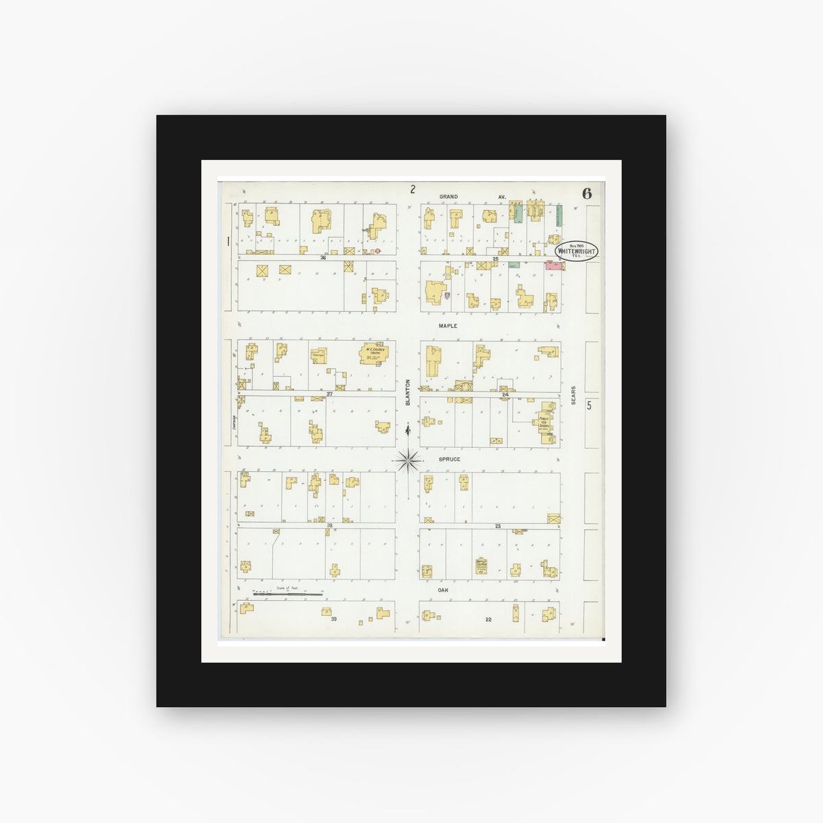 Old map wall art mockup — black gallery frame with white mat — Sanborn Fire Insurance Map from Whitewright, Grayson County, Texas (1900), Sheet #0006