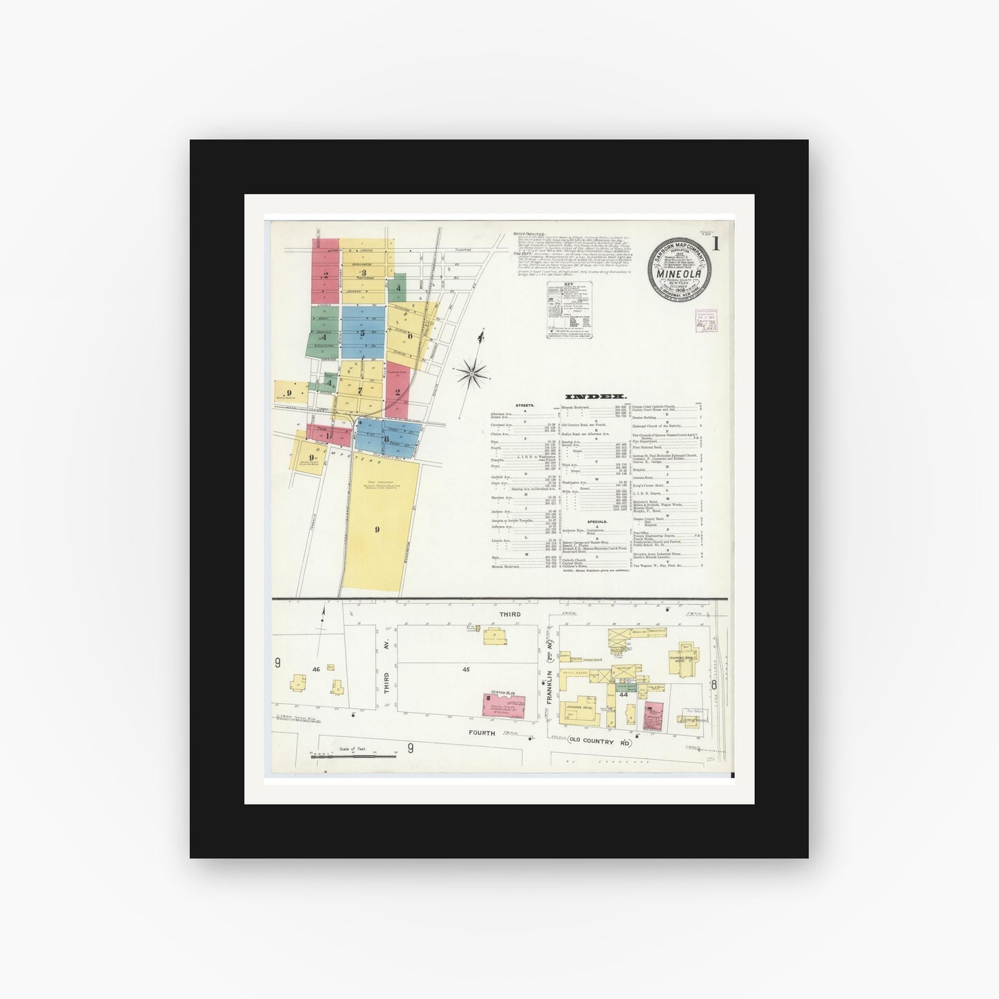 Old map wall art mockup — black gallery frame with white mat — Sanborn Fire Insurance Map from Mineola, Nassau County, New York (1908) - Complete Map Set