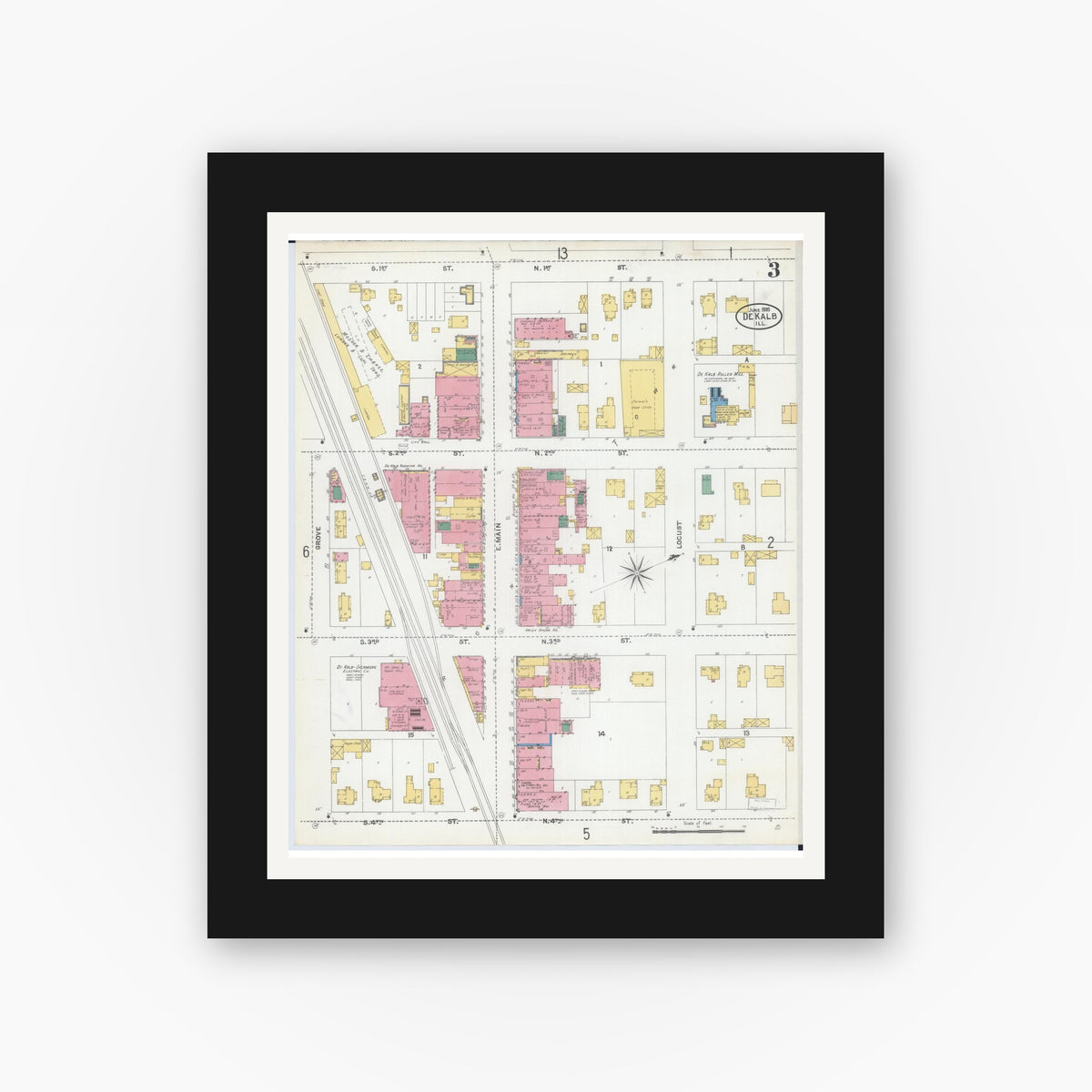Old map wall art mockup — black gallery frame with white mat — Sanborn Fire Insurance Map from De Kalb, De Kalb County, Illinois (1905), Sheet #0003