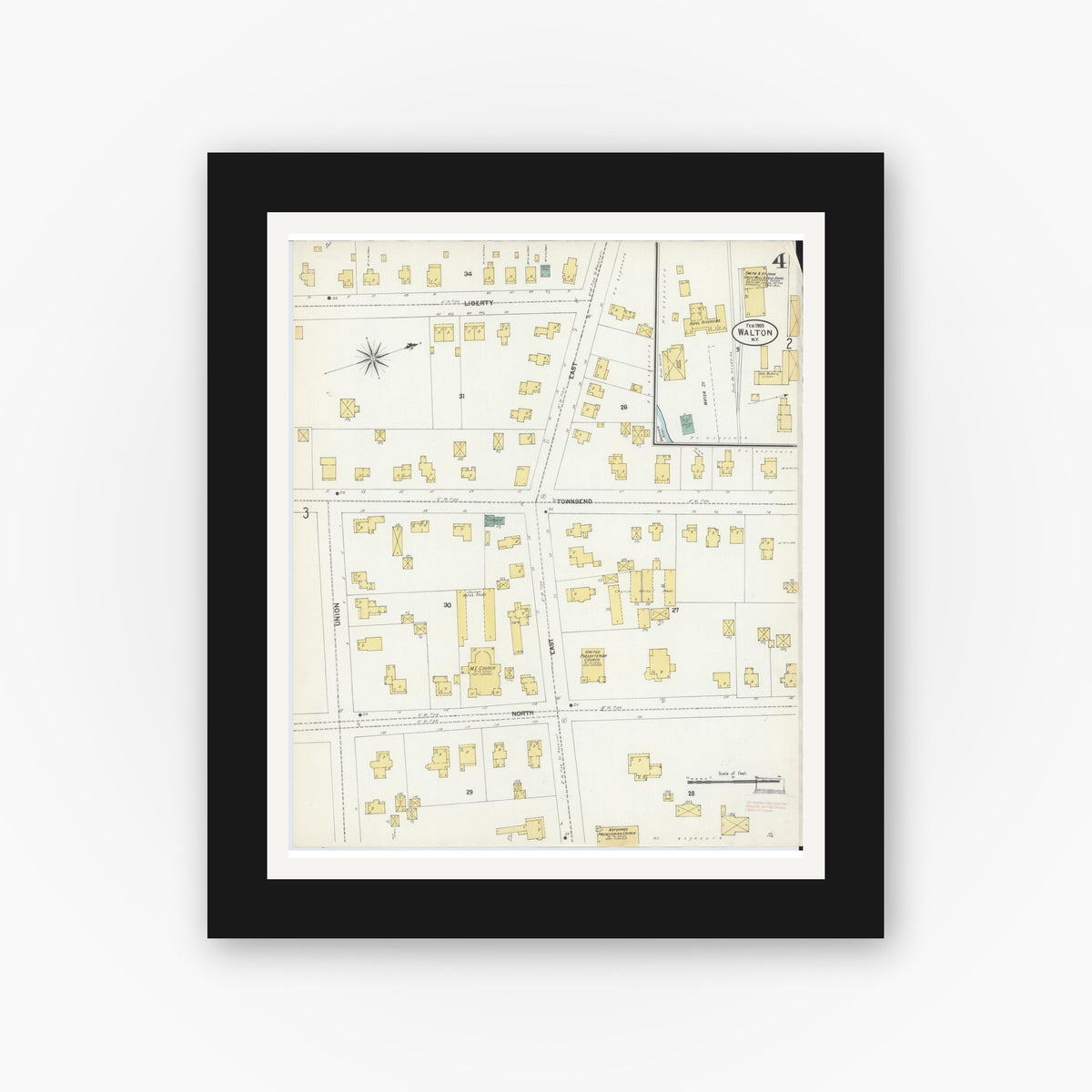 Old map wall art mockup — black gallery frame with white mat — Sanborn Fire Insurance Map from Walton, Delaware County, New York (1903), Sheet #0004