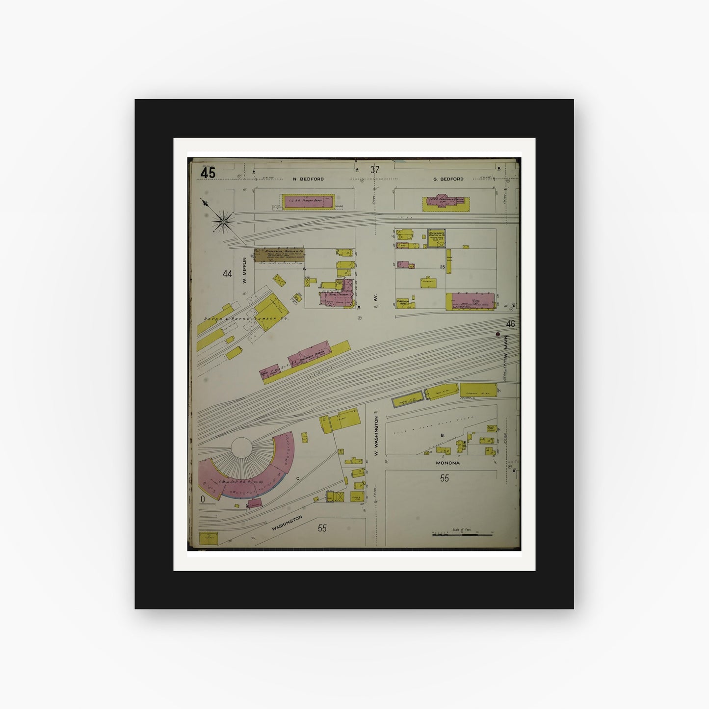 Old map wall art mockup — black gallery frame with white mat — Sanborn Fire Insurance Map from Madison, Dane County, Wisconsin (1908), Sheet #0045