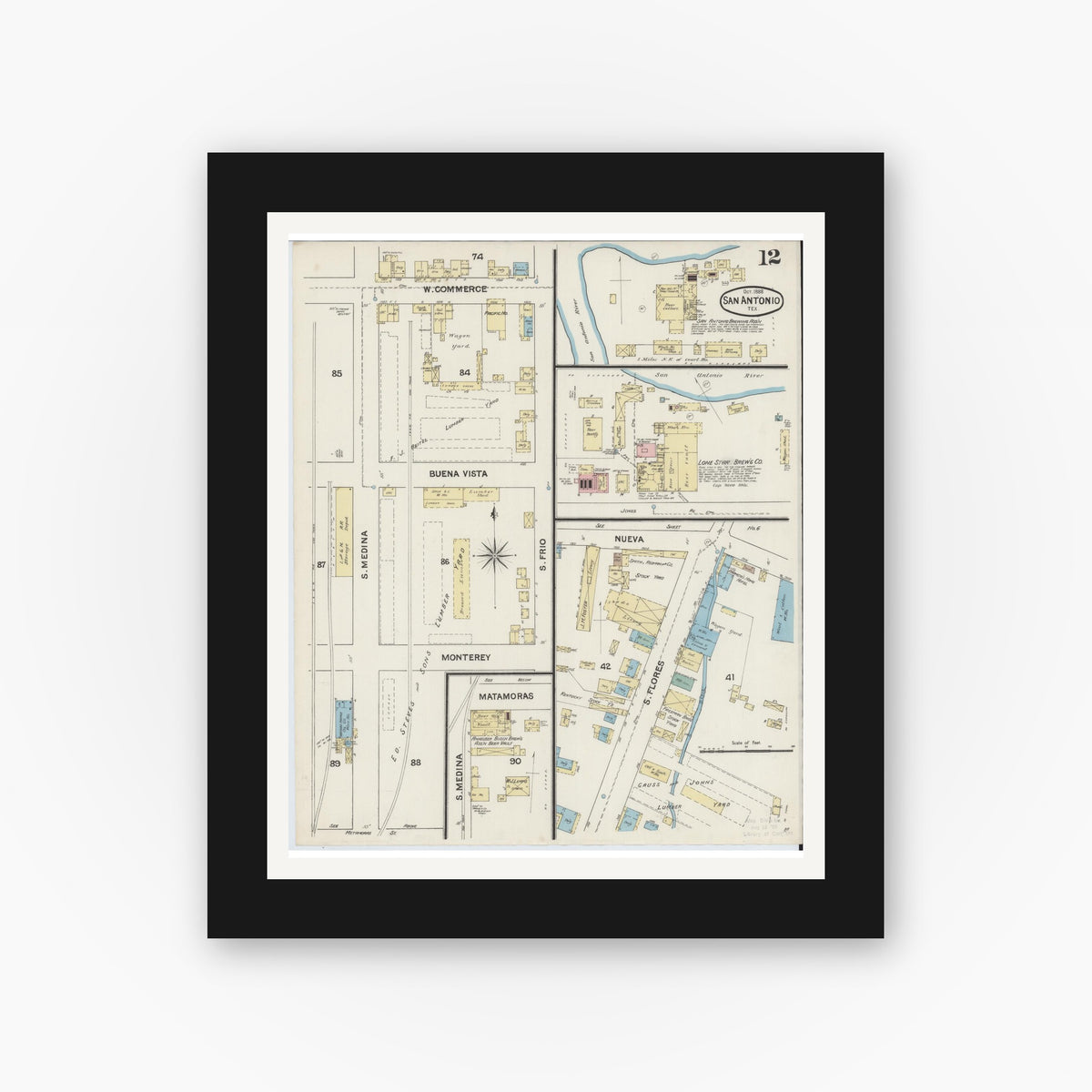 Old map wall art mockup — black gallery frame with white mat — Sanborn Fire Insurance Map from San Antonio, Bexar County, Texas (1888), Sheet #0012