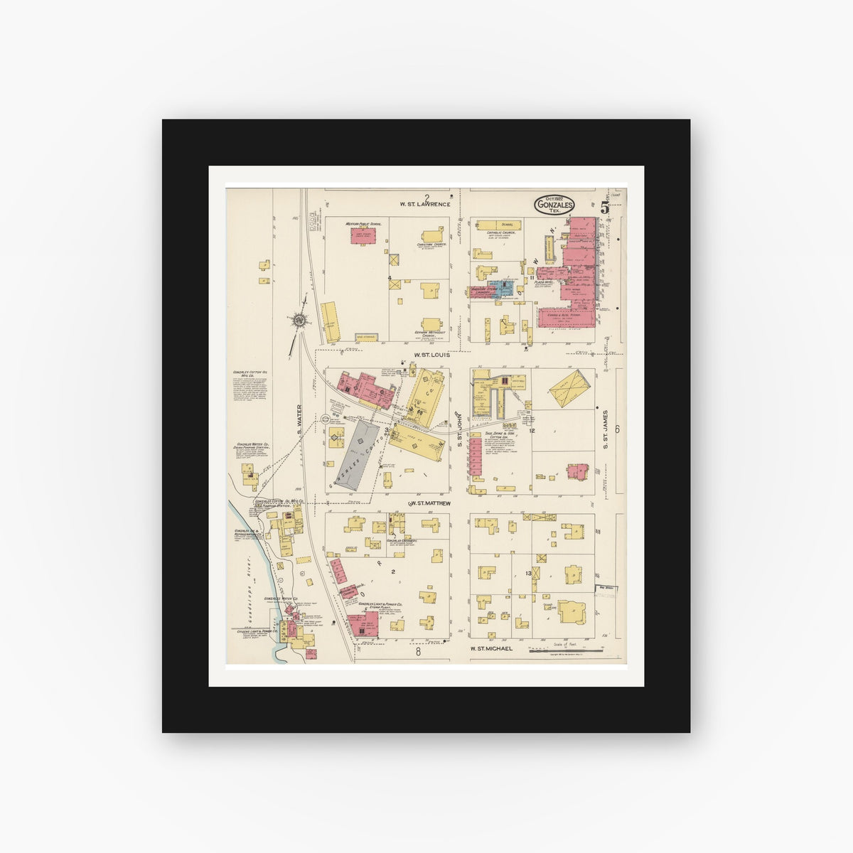 Old map wall art mockup — black gallery frame with white mat — Sanborn Fire Insurance Map from Gonzales, Gonzales County, Texas (1922), Sheet #0005