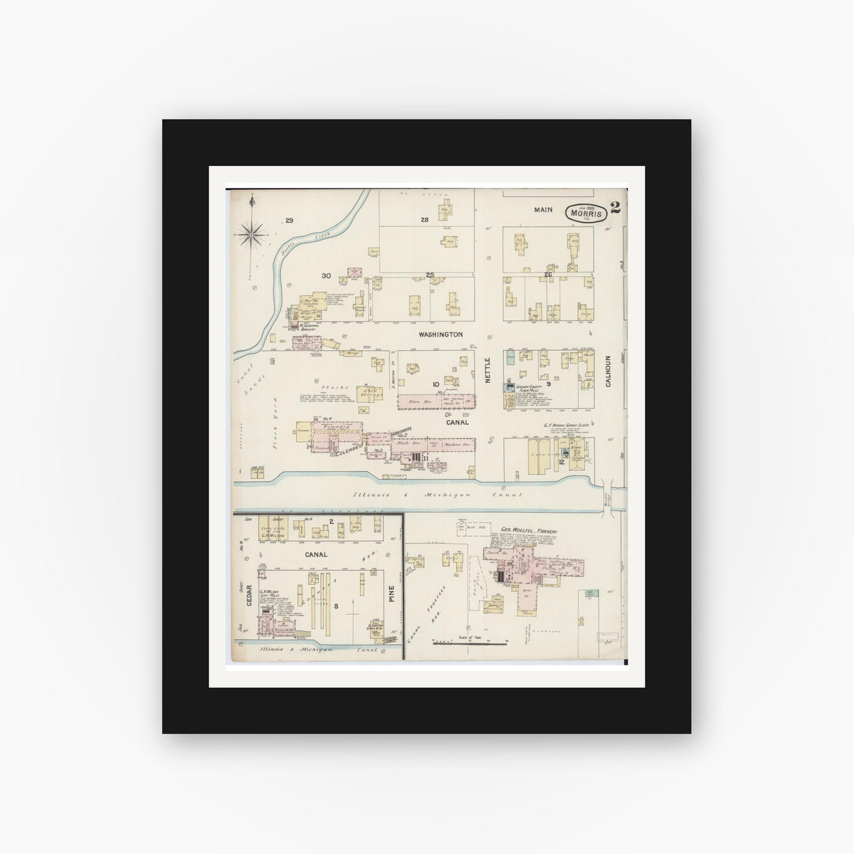 Old map wall art mockup — black gallery frame with white mat — Sanborn Fire Insurance Map from Morris, Grundy County, Illinois (1889), Sheet #0002