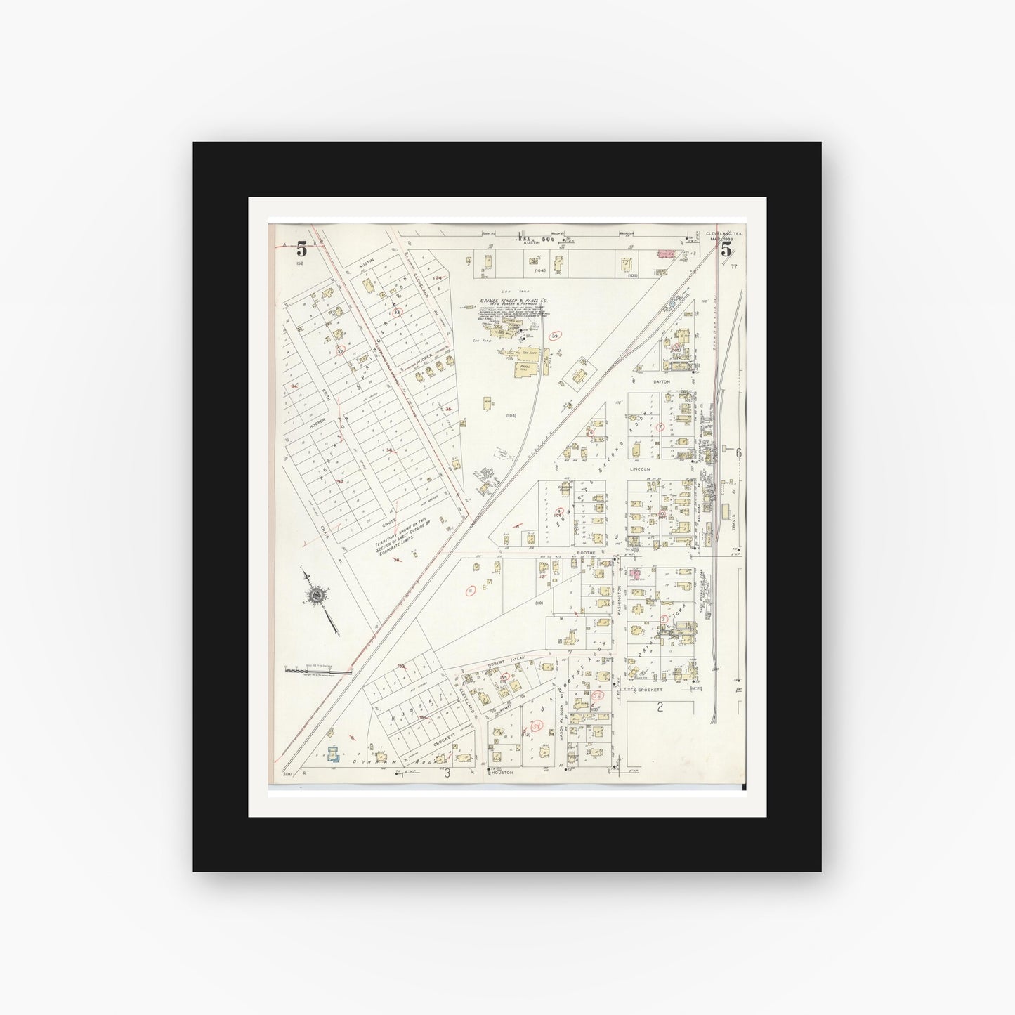 Old map wall art mockup — black gallery frame with white mat — Sanborn Fire Insurance Map from Cleveland, Liberty County, Texas (1939), Sheet #0005