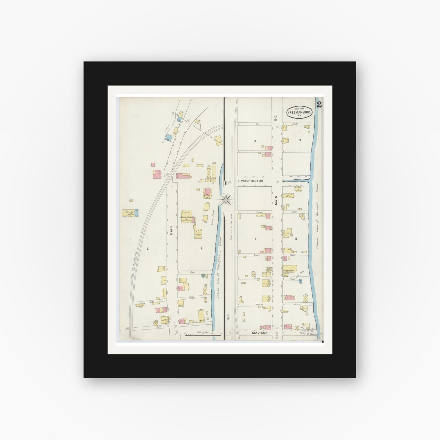 Old map wall art mockup — black gallery frame with white mat — Sanborn Fire Insurance Map from Freemansburg, Northampton County, Pennsylvania (1894), Sheet #0002