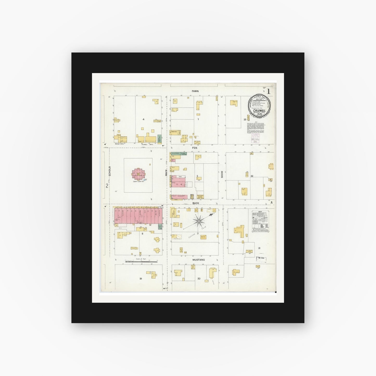 Old map wall art mockup — black gallery frame with white mat — Sanborn Fire Insurance Map from Caldwell, Burleson County, Texas (1901), Sheet #0001