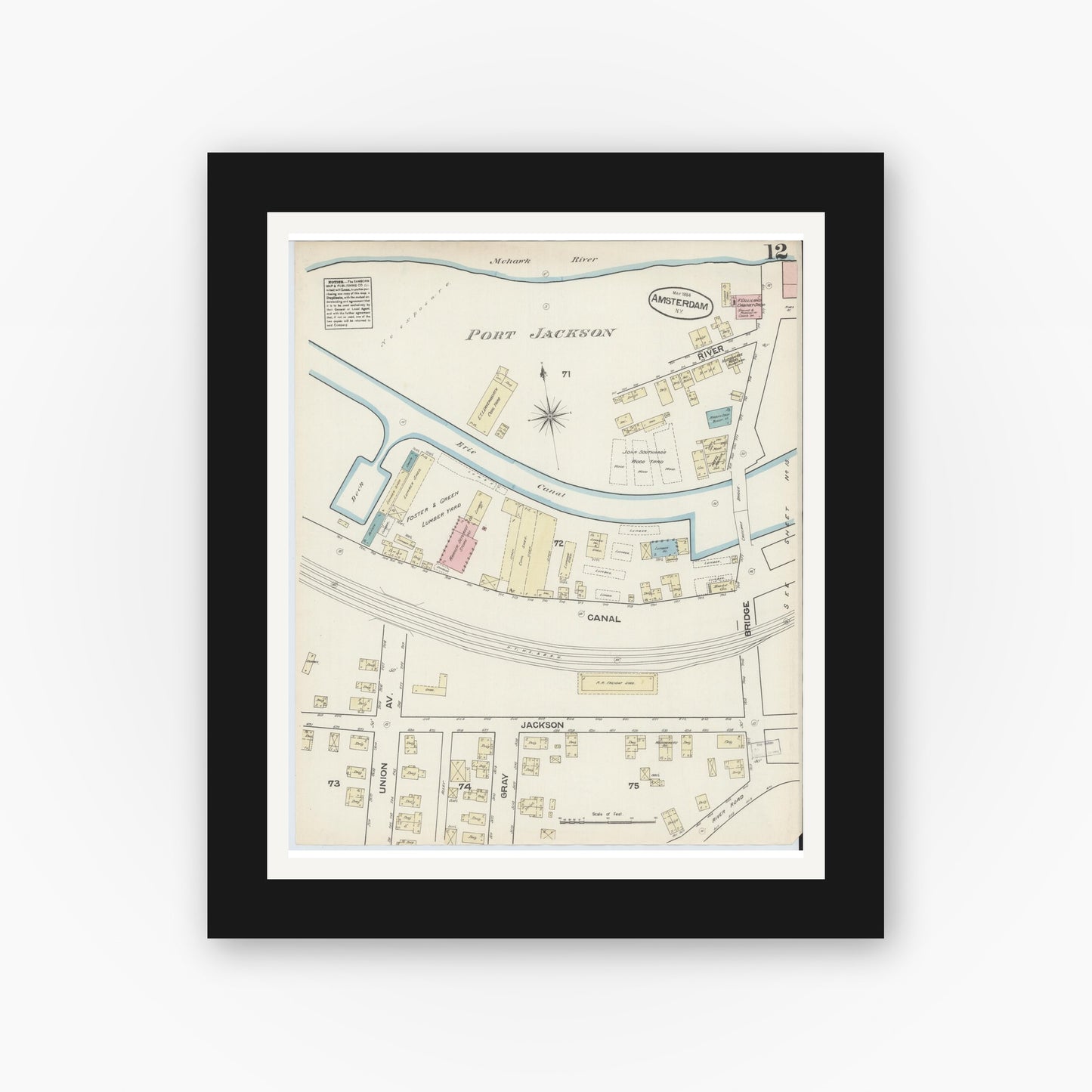 Old map wall art mockup — black gallery frame with white mat — Sanborn Fire Insurance Map from Amsterdam, Montgomery County, New York (1884), Sheet #0012