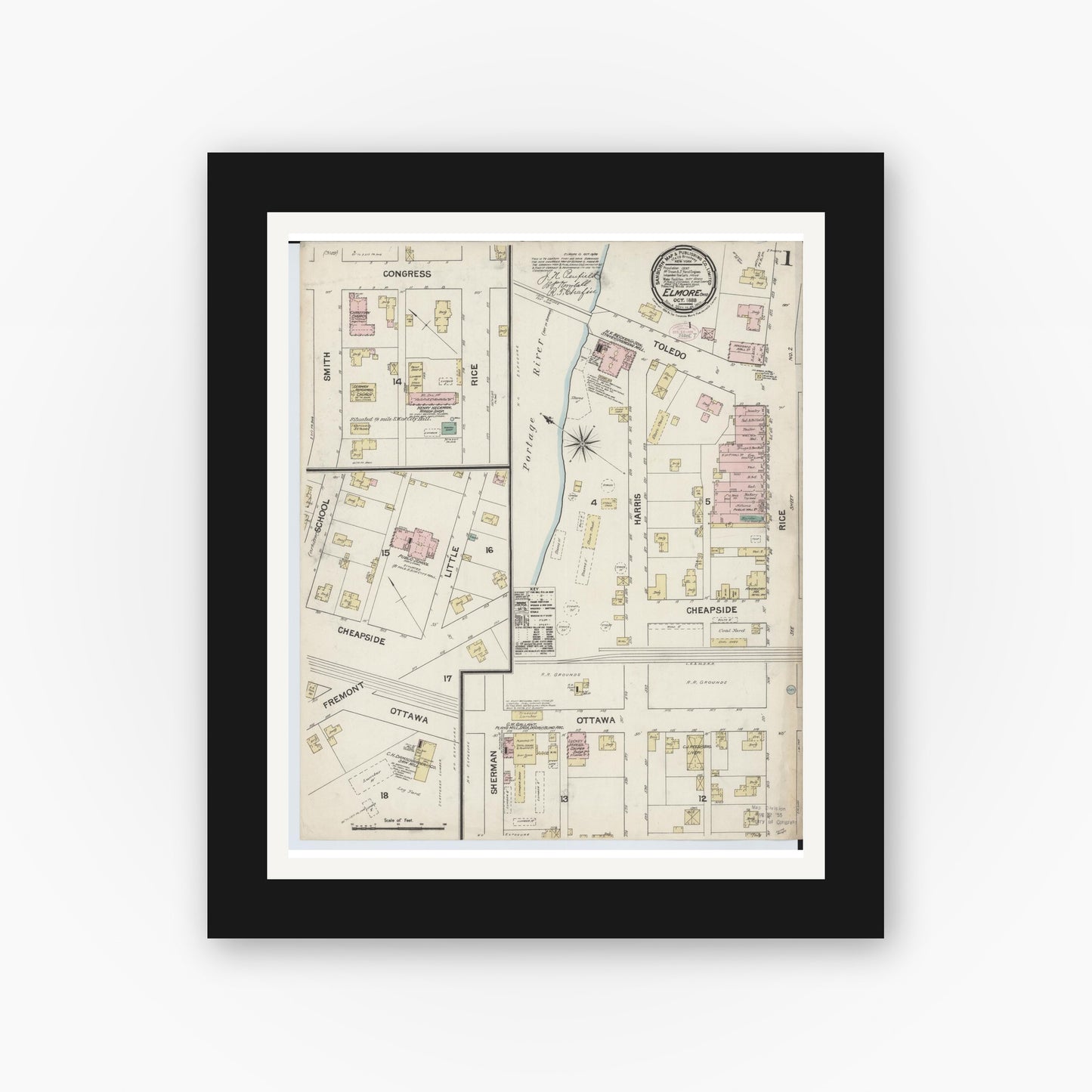 Old map wall art mockup — black gallery frame with white mat — Sanborn Fire Insurance Map from Elmore, Ottawa County, Ohio (1888), Sheet #0001