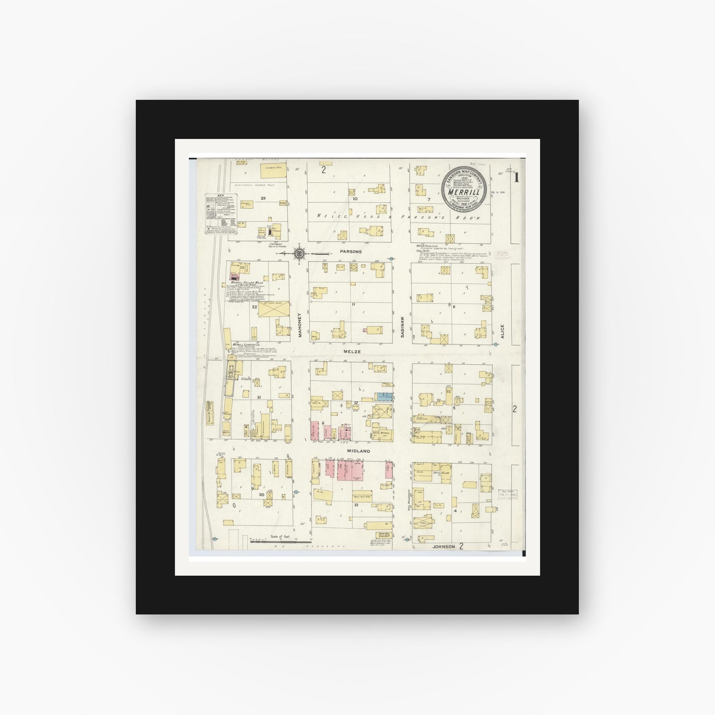 Old map wall art mockup — black gallery frame with white mat — Sanborn Fire Insurance Map from Merrill, Saginaw County, Michigan (1910) - Complete Map Set