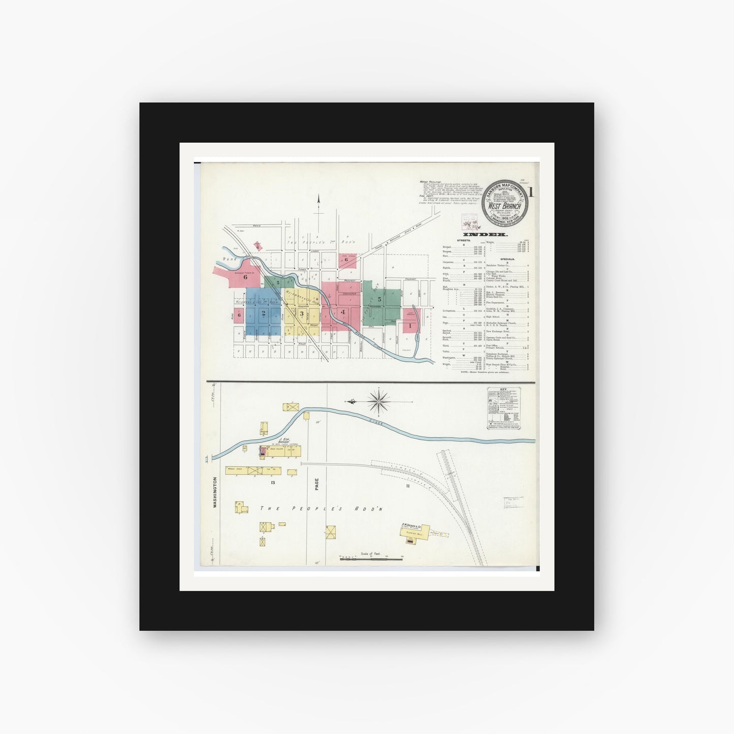 Old map wall art mockup — black gallery frame with white mat — Sanborn Fire Insurance Map from West Branch, Ogemaw County, Michigan (1909) - Complete Map Set